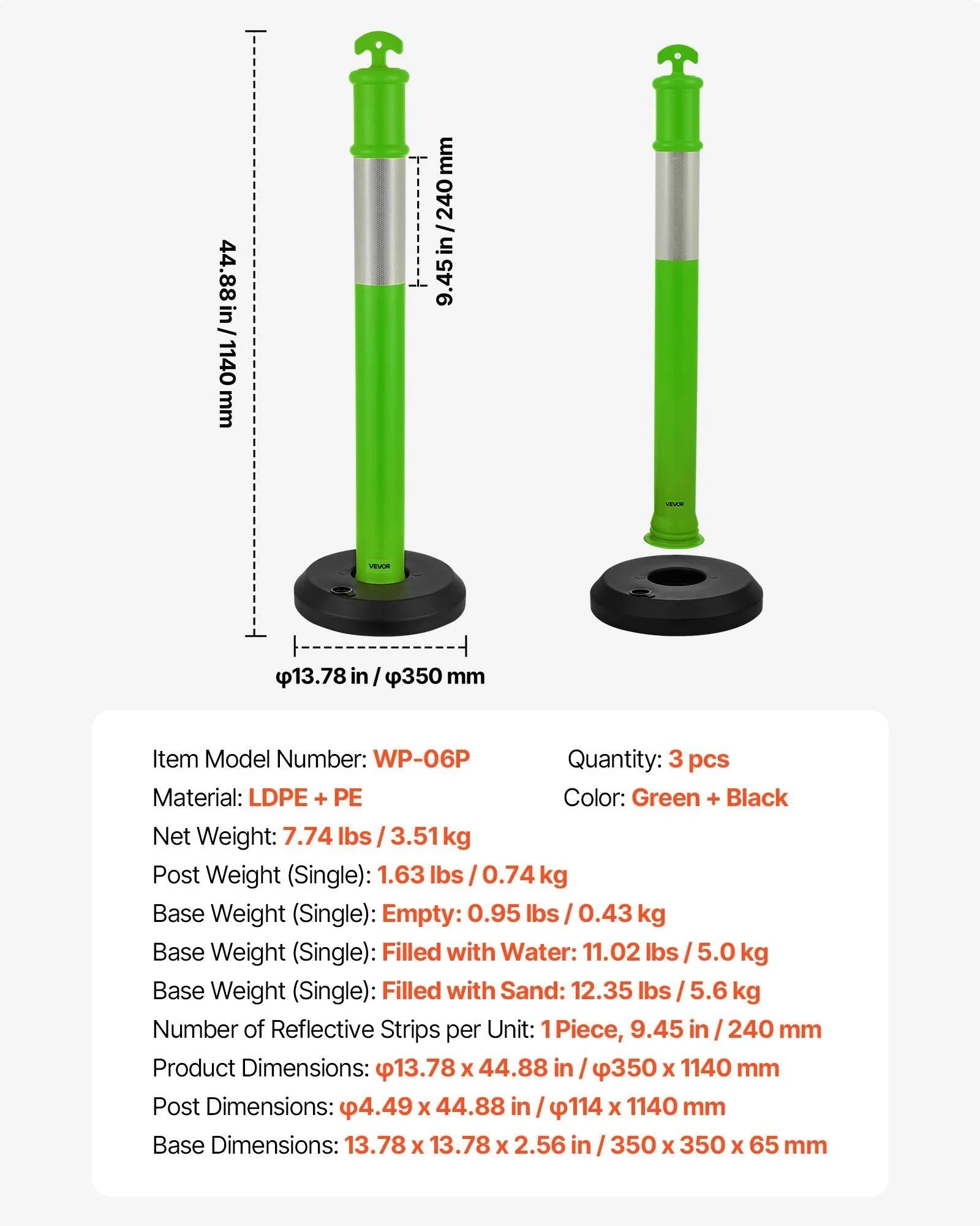 3 Pack Traffic Delineator Posts, 1140 mm Traffic Safety Cones with Fillable Base and Reflective Strips, Heavy Duty Delineator Posts for Construction Site, Parking Lot, Crowd Control, Green