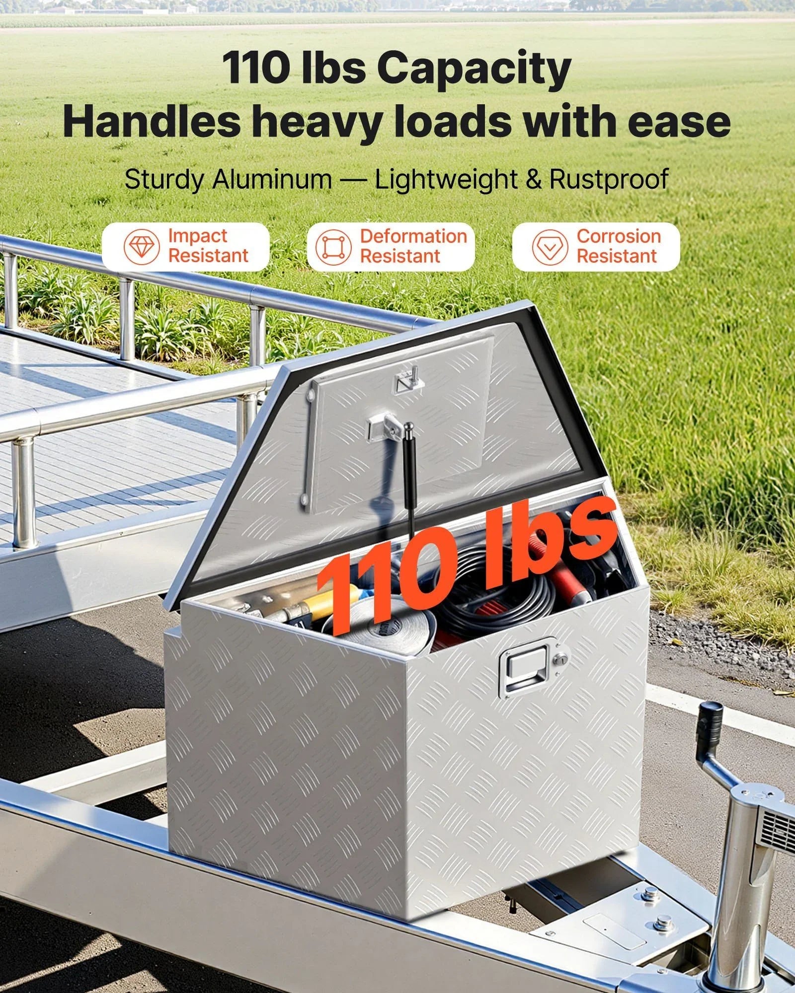 Trailer Tongue Box, 838 x 483 x 457 mm Aluminum Trailer Tongue Tool Box, Heavy Duty Storage Organizer with Lock & Keys, Utility Tool Chest for Pickup Truck Bed, RV, SUV, Off-Road Vehicle, Silver