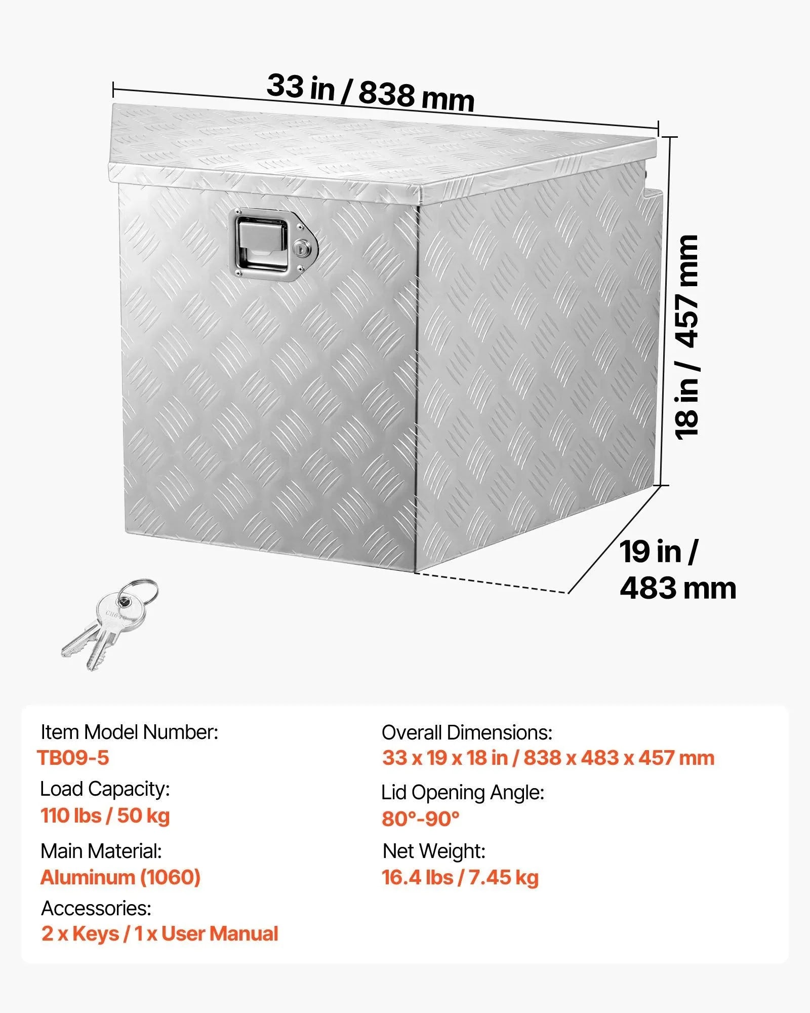 Trailer Tongue Box, 838 x 483 x 457 mm Aluminum Trailer Tongue Tool Box, Heavy Duty Storage Organizer with Lock & Keys, Utility Tool Chest for Pickup Truck Bed, RV, SUV, Off-Road Vehicle, Silver