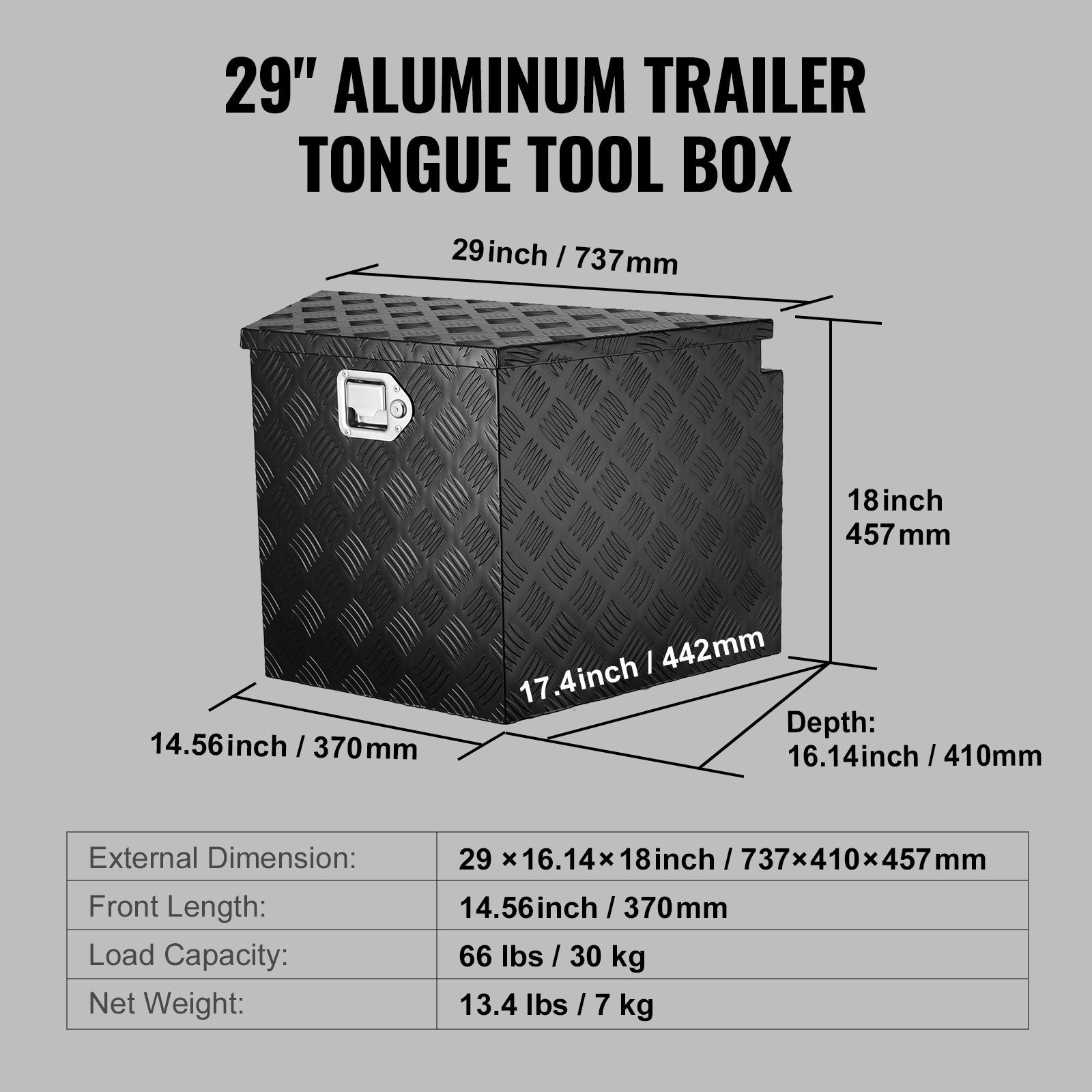 Trailer Tongue Box, Aluminum Alloy Diamond Plate Tongue Box Tool Chest, Heavy Duty Trailer Box Storage with Lock and Keys, for Pickup Truck, RV, Trailer, 737 x 410 x 460 mm/29x16.5x18inch