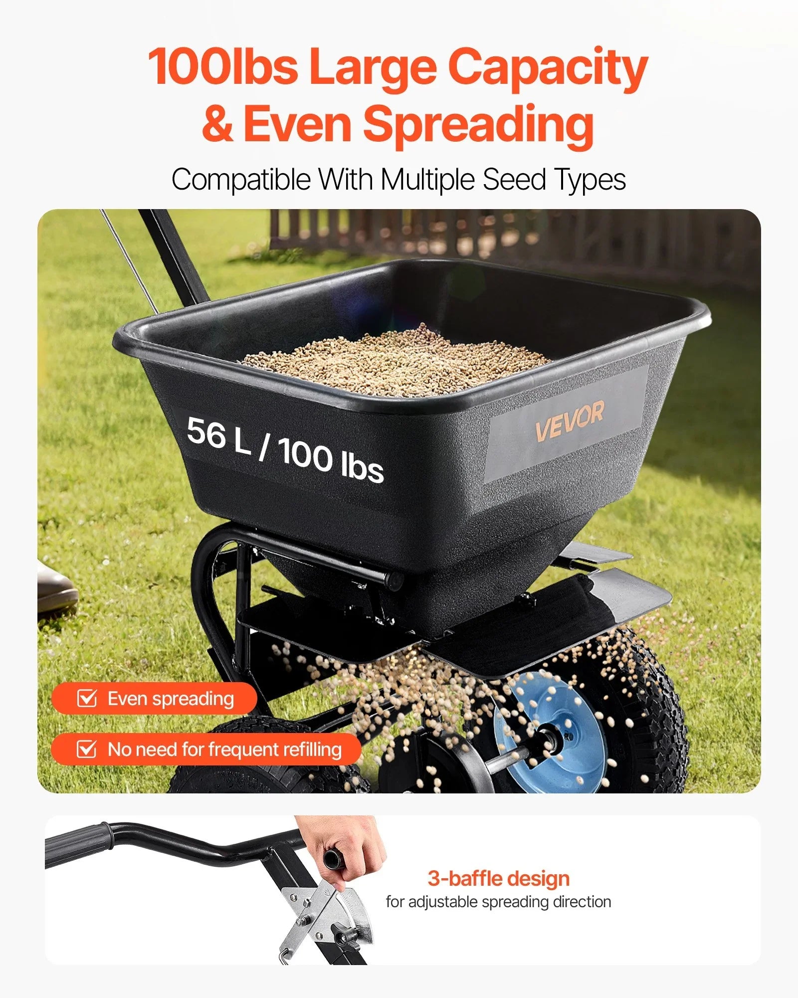 Lawn Spreader, 100LBS Capacity, Walk-Behind Push Spreader, 0-9.8ft Spreading Width, 13 in All Terrain Pneumatic Tires, Fertilizer Spreaders with Hopper Grate, for Seed Salt Ice Melt