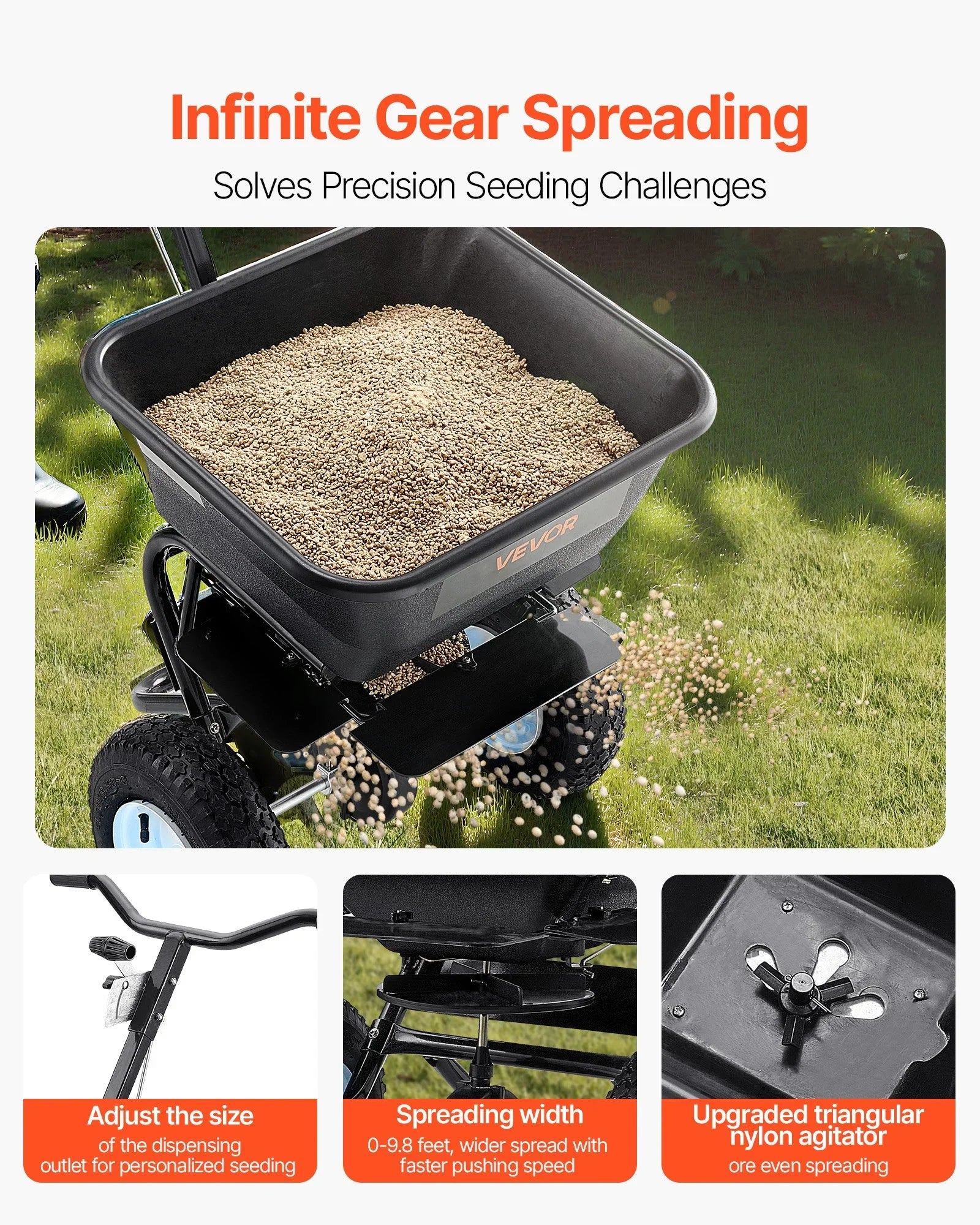 Lawn Spreader, 100LBS Capacity, Walk-Behind Push Spreader, 0-9.8ft Spreading Width, 13 in All Terrain Pneumatic Tires, Fertilizer Spreaders with Hopper Grate, for Seed Salt Ice Melt