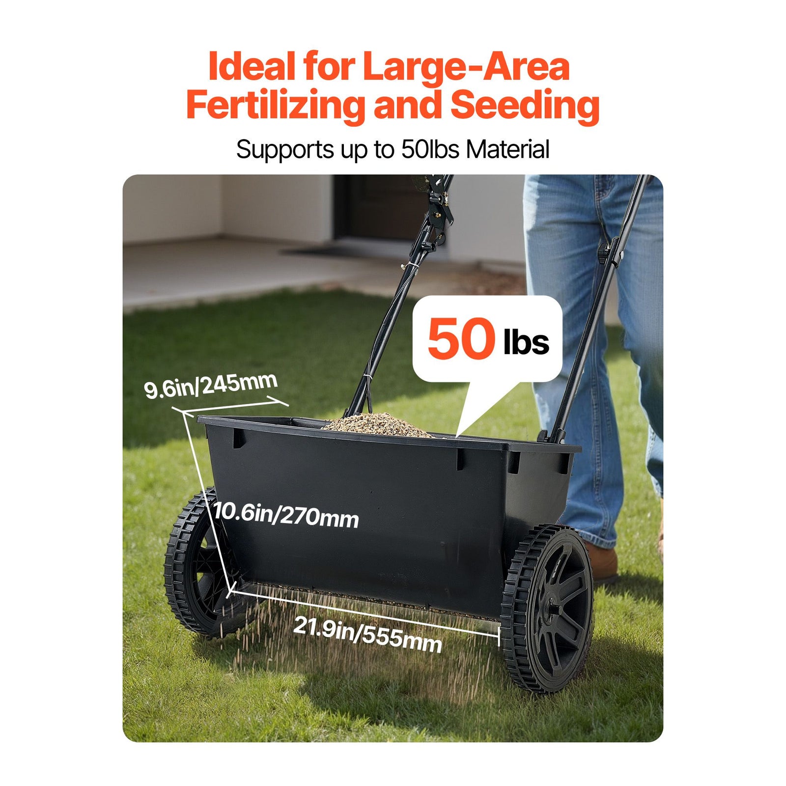 Walk-Behind Push Spreader, 22.6 kg Capacity, Drop Spreader with Hopper Grate, 18 in Spreading Width & 30 Settings, 10 in All Terrain Tires, Garden & Lawn Spreaders for Seed, Fertilizer