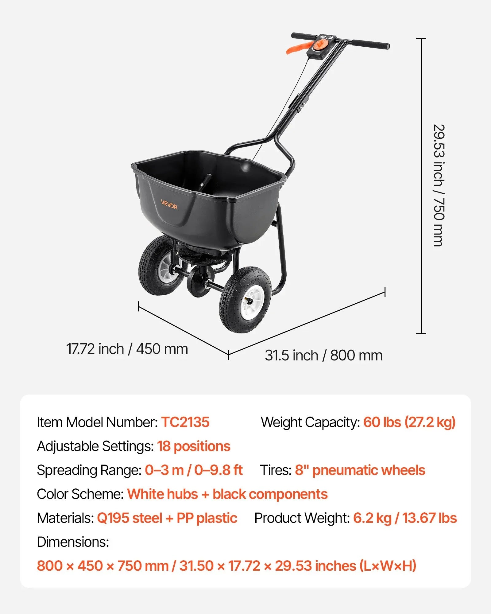 Walk Behind Spreader, 60LBS Capacity, Push Spreader with Hopper Grate, 0-9.8 ft Spreading Width, 8 in All Terrain Pneumatic Tires, Garden & Lawn Broadcast Spreaders, for Seed, Fertilizer