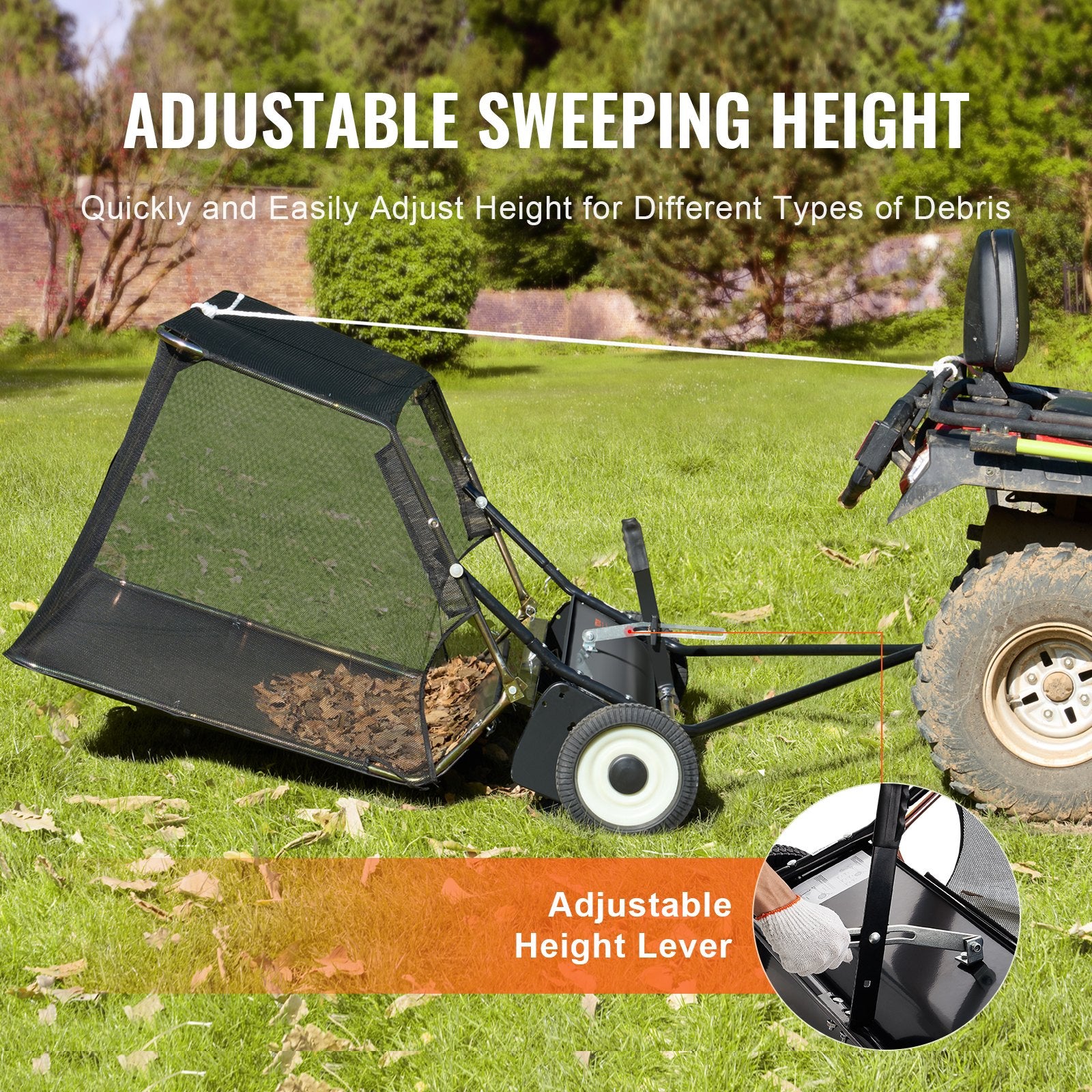 106.6 cm Lawn Sweeper Tow Behind, 12 cu.ft. Large Pull Behind Grass Sweeper, Heavy Duty Leaf & Grass Collector with Dumping Rope Design, Adjustable Sweeping Height for Picking Up Debris & Grass