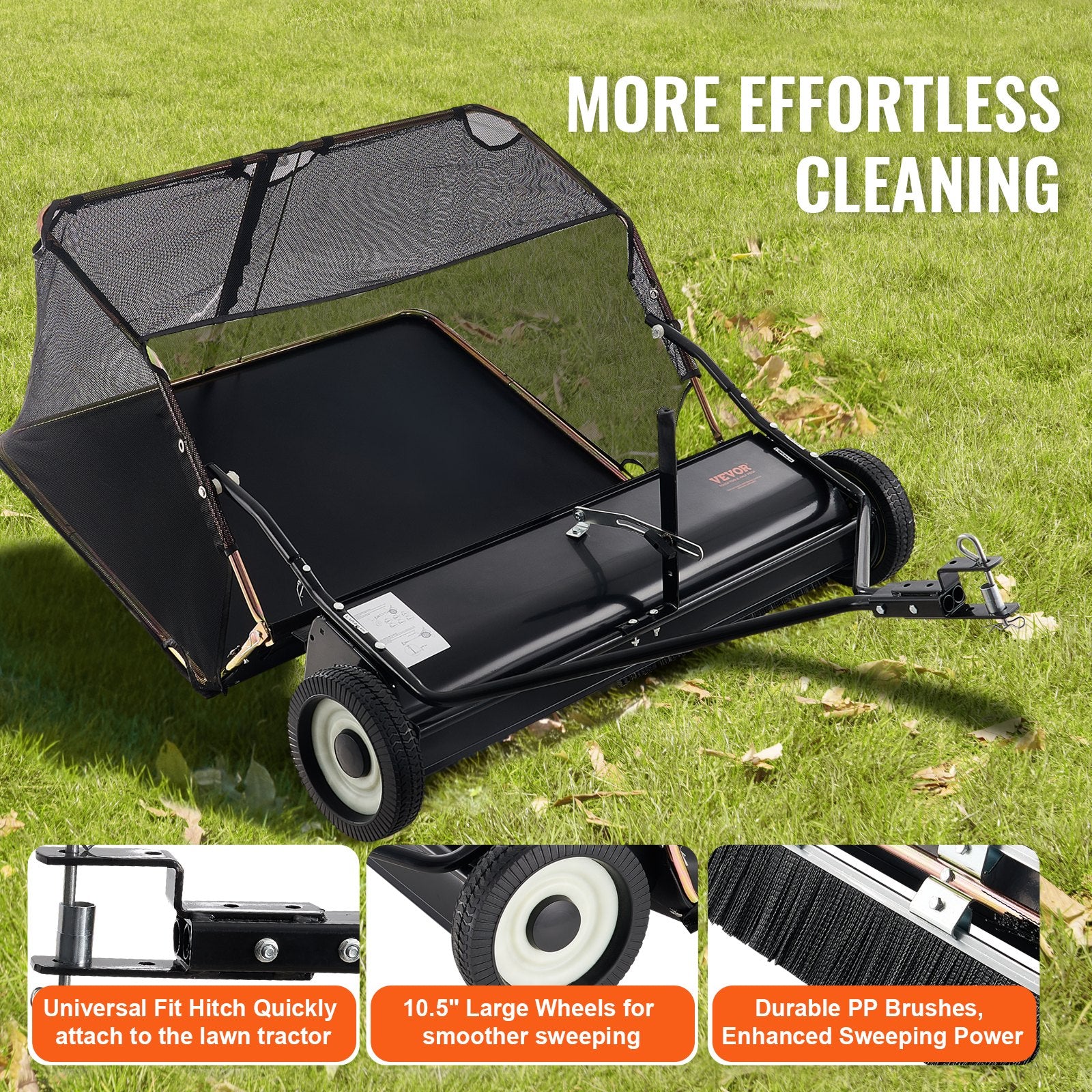 106.6 cm Lawn Sweeper Tow Behind, 12 cu.ft. Large Pull Behind Grass Sweeper, Heavy Duty Leaf & Grass Collector with Dumping Rope Design, Adjustable Sweeping Height for Picking Up Debris & Grass