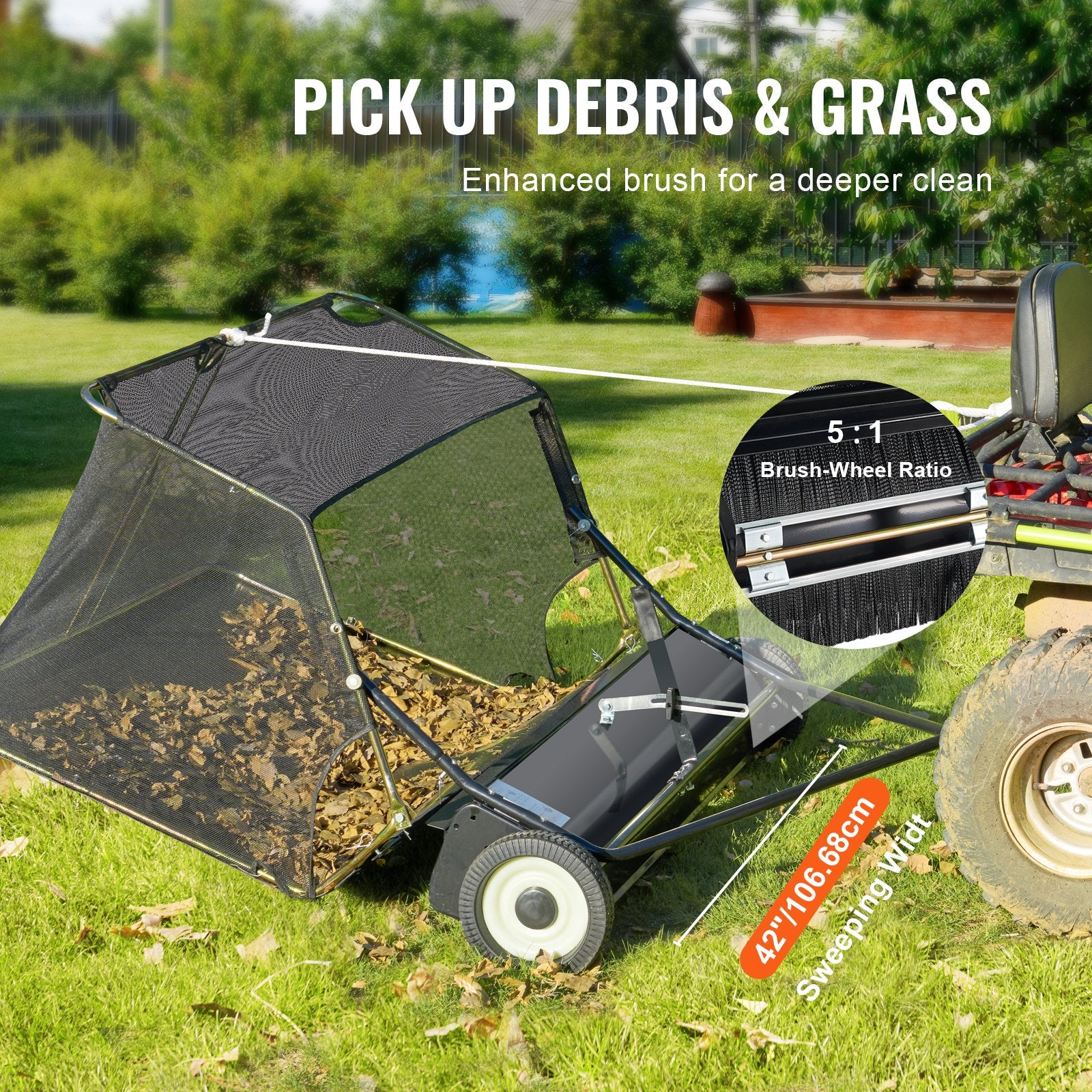 106.6 cm Lawn Sweeper Tow Behind, 12 cu.ft. Large Pull Behind Grass Sweeper, Heavy Duty Leaf & Grass Collector with Dumping Rope Design, Adjustable Sweeping Height for Picking Up Debris & Grass