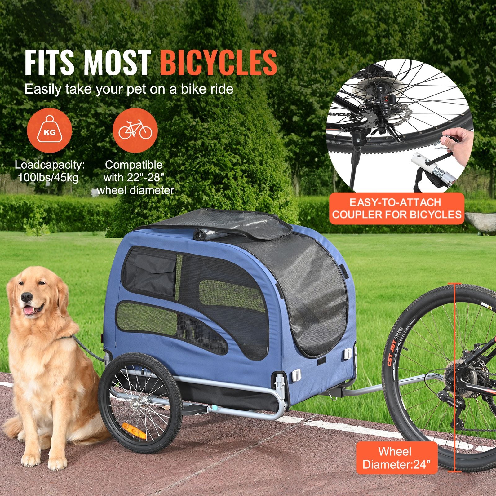 45kg Dog Bike Trailer Pet Bicycle Carrier Foldable Cart with Reflectors