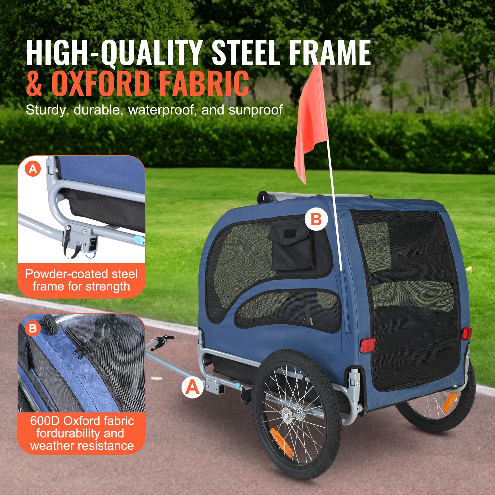 45kg Dog Bike Trailer Pet Bicycle Carrier Foldable Cart with Reflectors