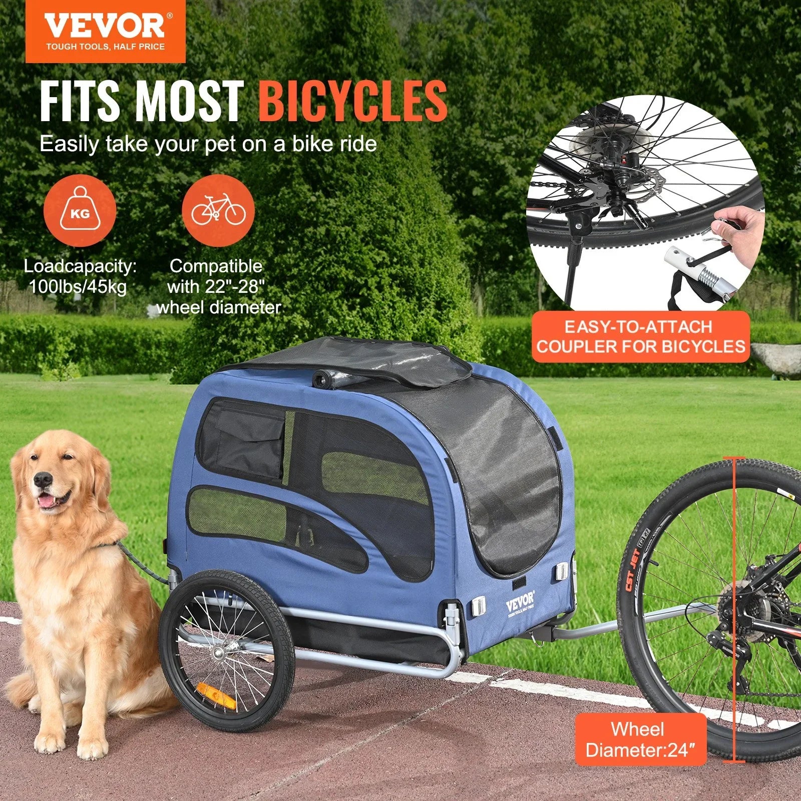 Dog Bike Trailer, Supports up to 45 kg, Pet Cart Bicycle Carrier, Easy Folding Frame with Quick Release Wheels, Universal Bicycle Coupler, Reflectors, Flag, Collapsible to Store, Blue/Black