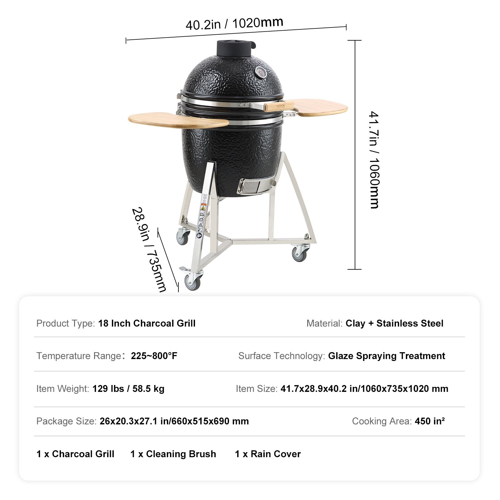 Portable Charcoal Grill, Propane Gas Grills with Cover and Cart, Heavy Duty Stainless Steel BBQ Grill, Mini Smoker for Outdoor Cooking, Barbecue Camping, Picnic, and Backyard, Black