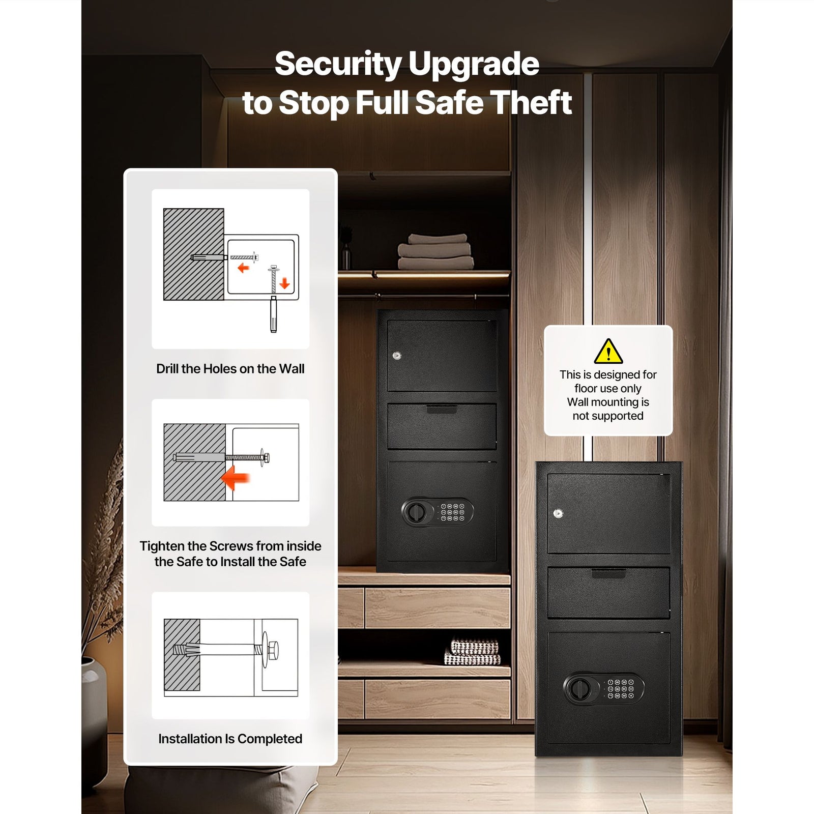 3.6 Cubic Feet Drop Safe, Large Capacity Front Drop Slot Safe Box with Digital Keypad, Heavy Duty 3 Tiers Cash Depository Box with Spare Keys for Cash, Bank Slip, Jewelry, Document, Bill, Black