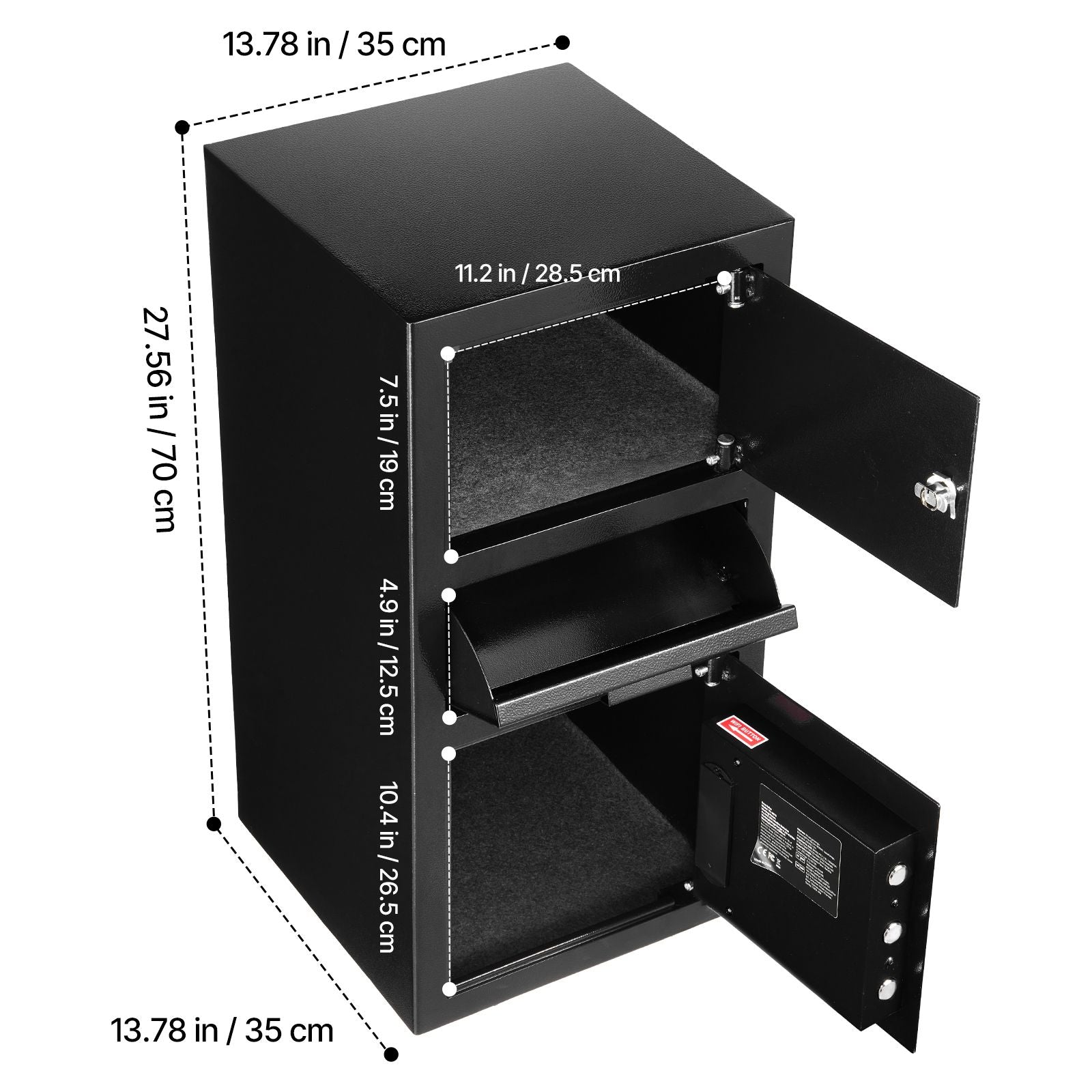 3.6 Cubic Feet Drop Safe, Large Capacity Front Drop Slot Safe Box with Digital Keypad, Heavy Duty 3 Tiers Cash Depository Box with Spare Keys for Cash, Bank Slip, Jewelry, Document, Bill, Black