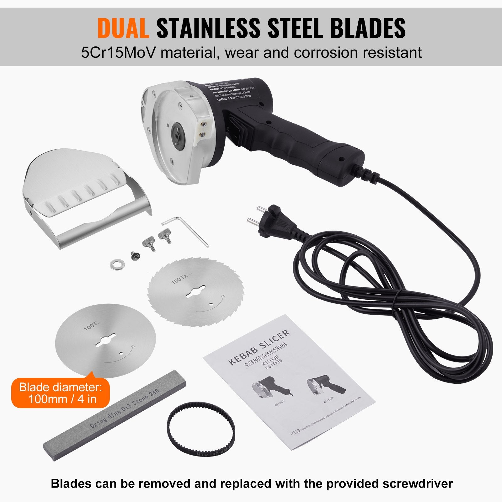 Electric Shawarma Knife, 80W Professional Turkish Kebab Knife, Commercial Stainless Steel Gyro Cutter, Doner Kebab Meat Slicer with 2 Blades, 100mm Blade Diameter, 0-8mm Adjustable Thickness