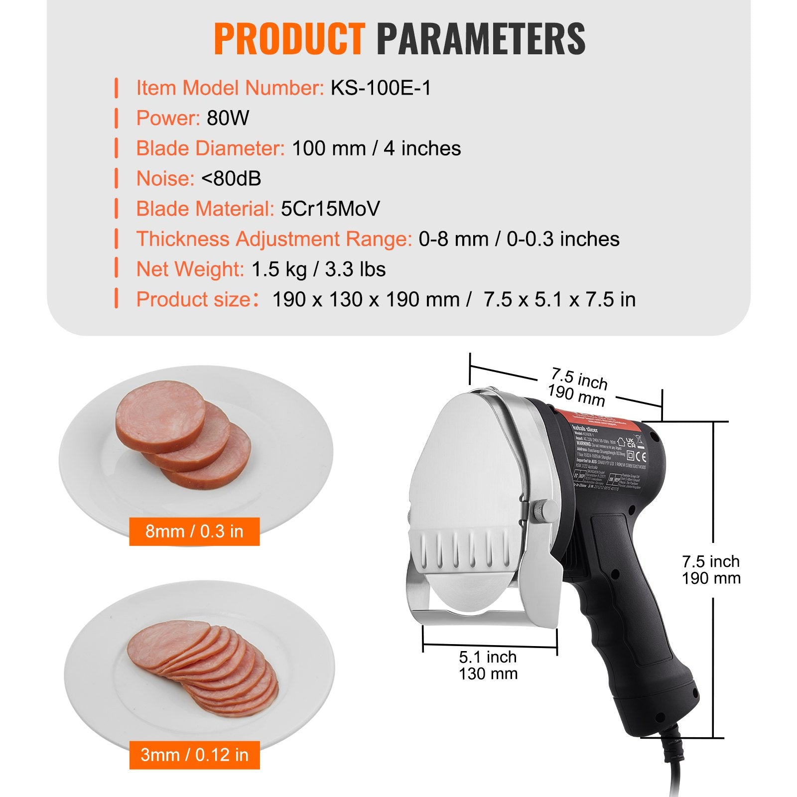 Electric Shawarma Knife, 80W Professional Turkish Kebab Knife, Commercial Stainless Steel Gyro Cutter, Doner Kebab Meat Slicer with 2 Blades, 100mm Blade Diameter, 0-8mm Adjustable Thickness