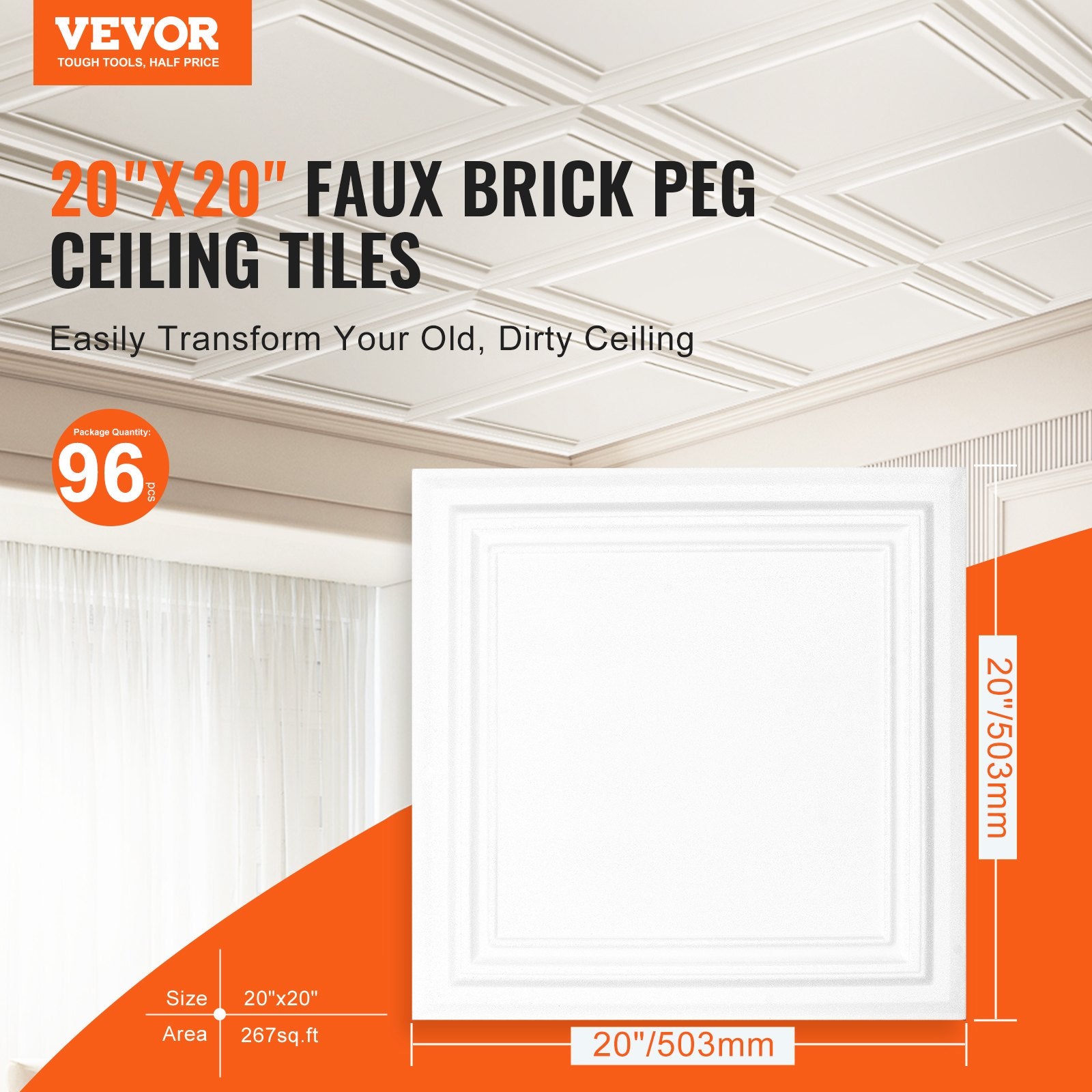Ceiling Tiles 96-Pack 20 x 20 in Polystyrene Easy Installation Glue-up