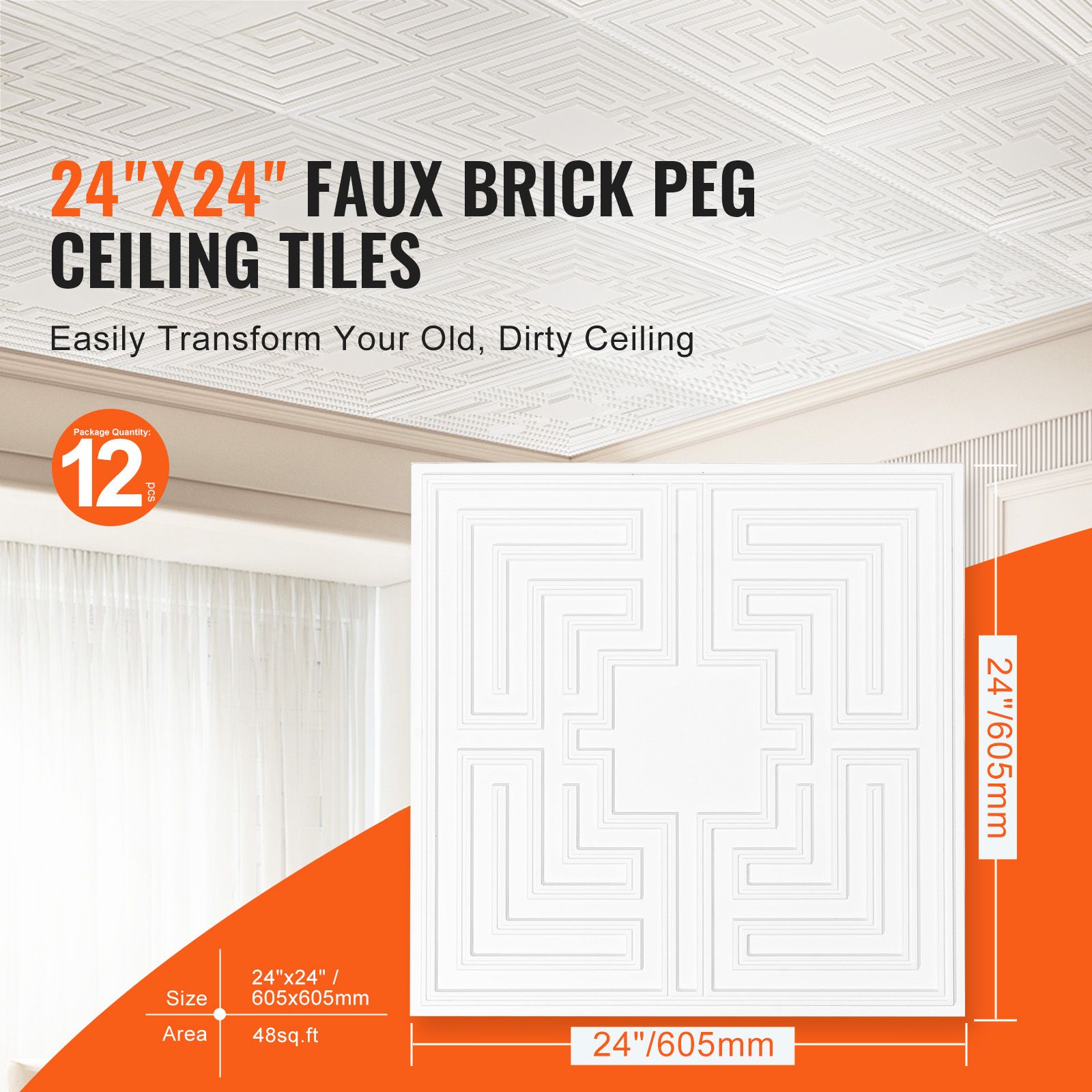 Ceiling Tiles 12-Pack 24 x 24 in PVC Easy Installation White Echo Pattern