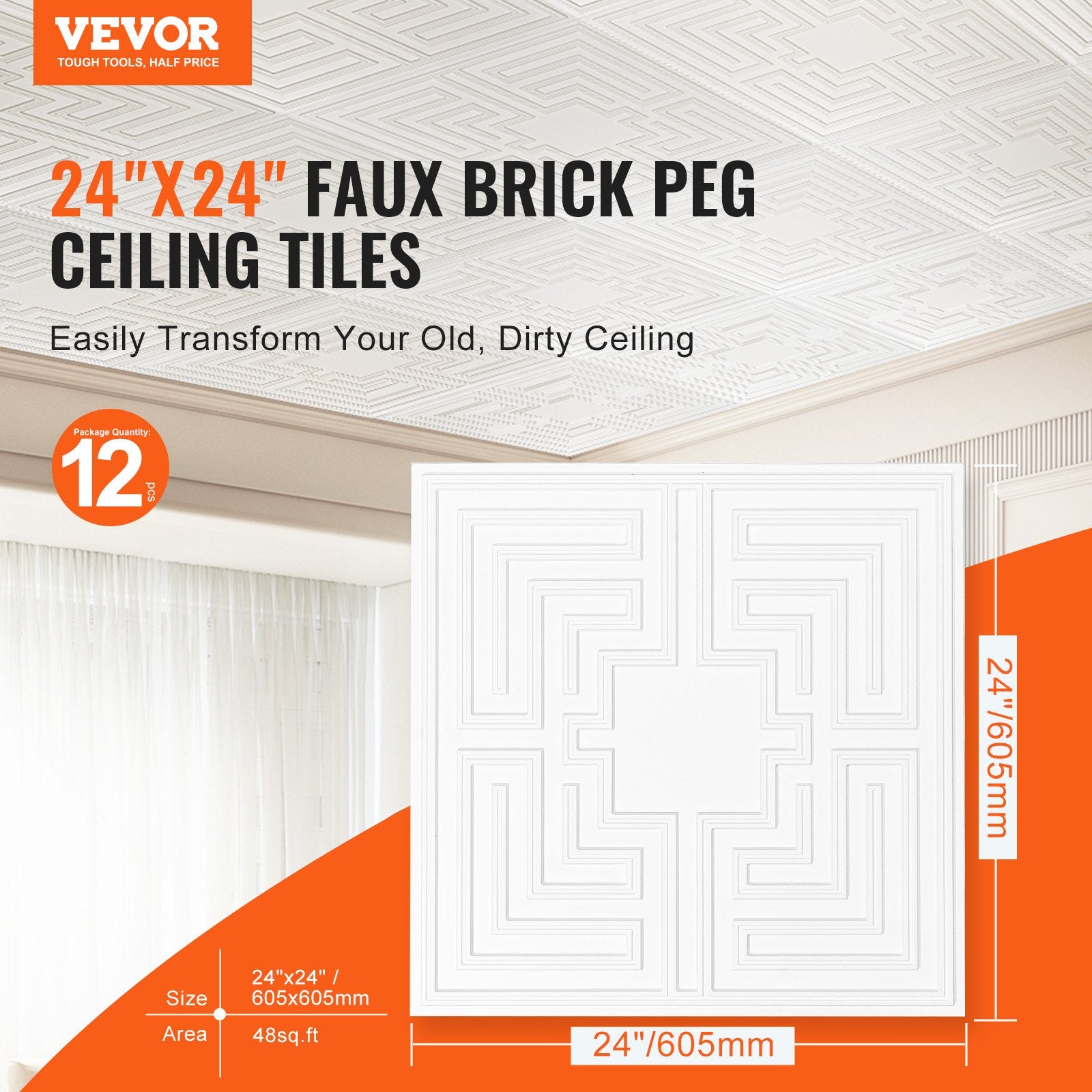 Ceiling Tiles 12-Pack 24 x 24 in PVC Easy Installation White Echo Pattern