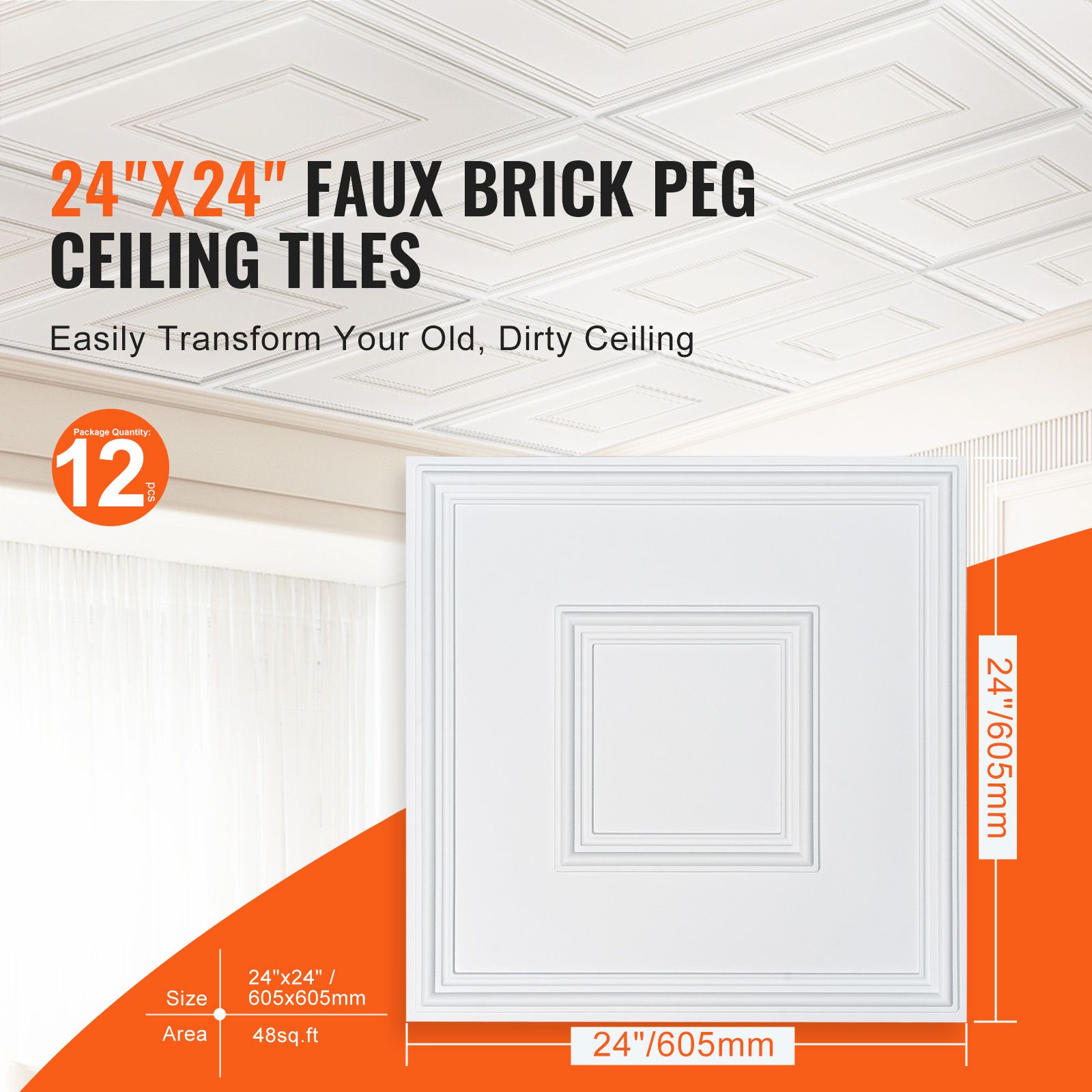 Ceiling Tiles 12-Pack 24 x 24 in PVC Easy Installation White Geometric
