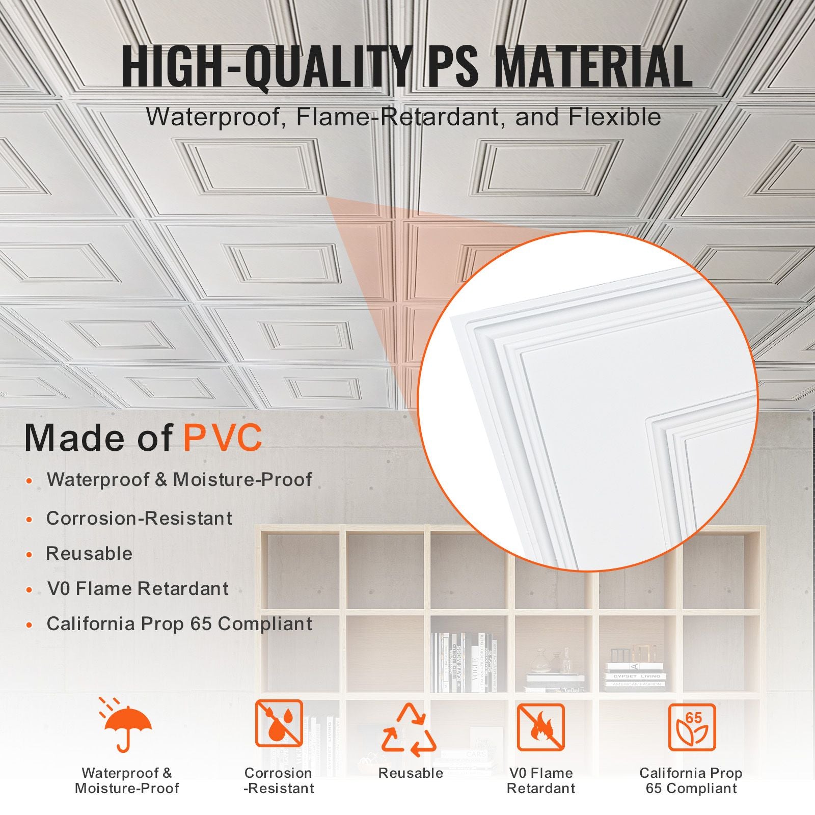 Ceiling Tiles 12-Pack 24 x 24 in PVC Easy Installation White Geometric