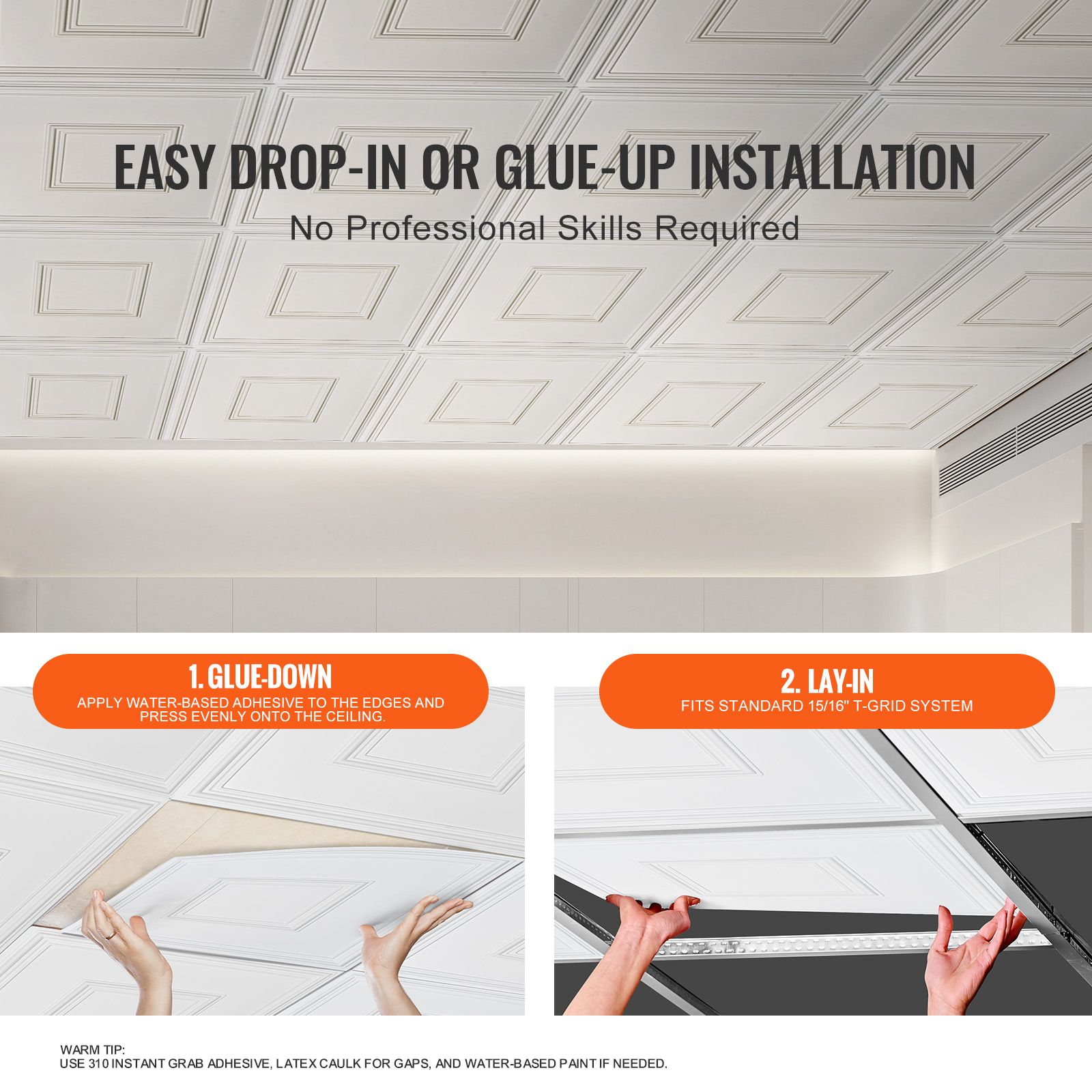 Ceiling Tiles 12-Pack 24 x 24 in PVC Easy Installation White Geometric