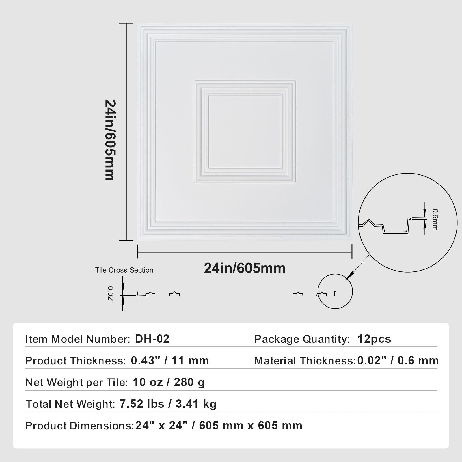 Ceiling Tiles 12-Pack 24 x 24 in PVC Easy Installation White Geometric