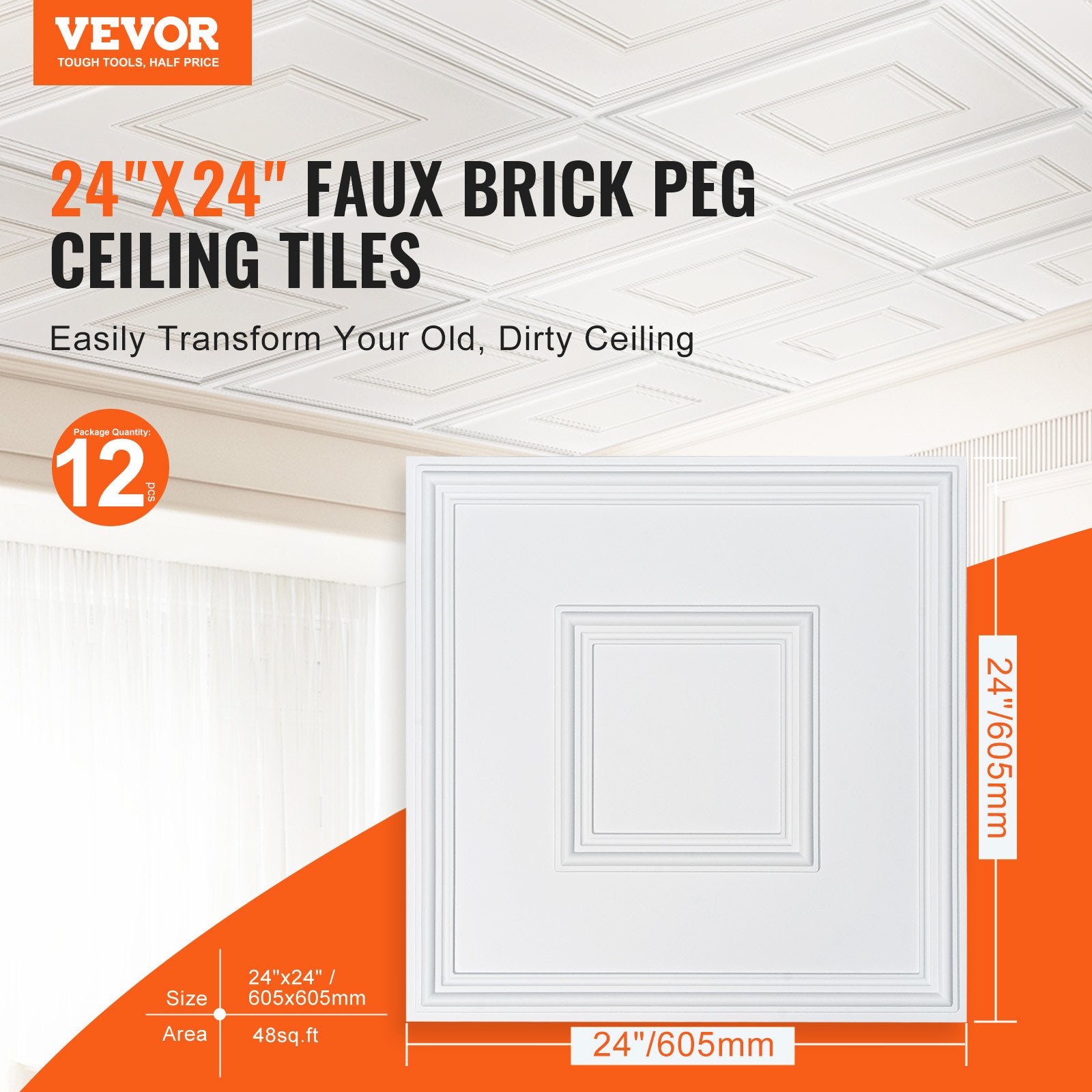Ceiling Tiles 12-Pack 24 x 24 in PVC Easy Installation White Geometric
