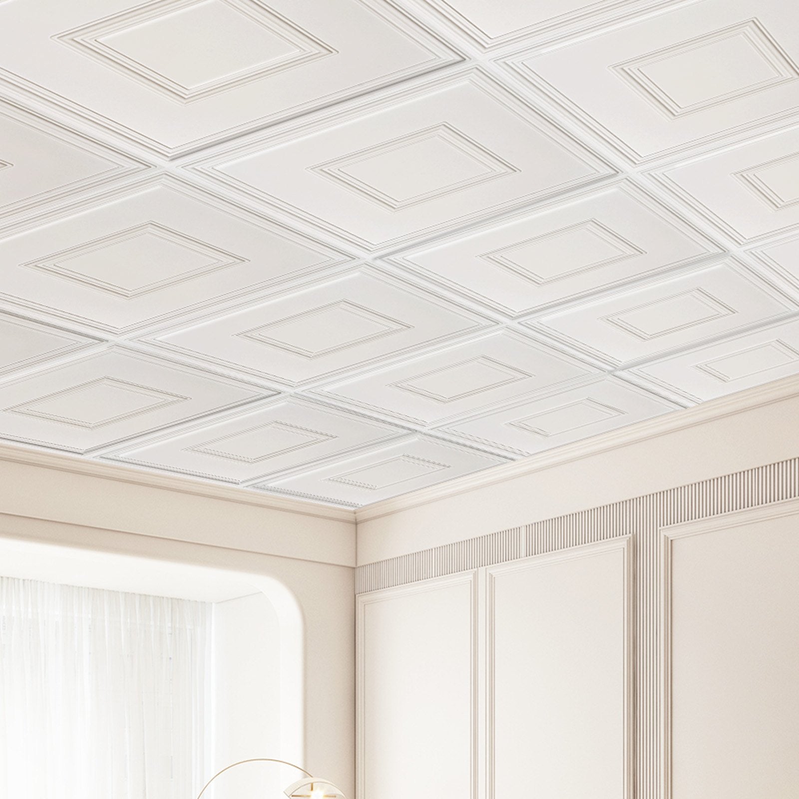 Ceiling Tiles 12-Pack 24 x 24 in PVC Easy Installation White Geometric