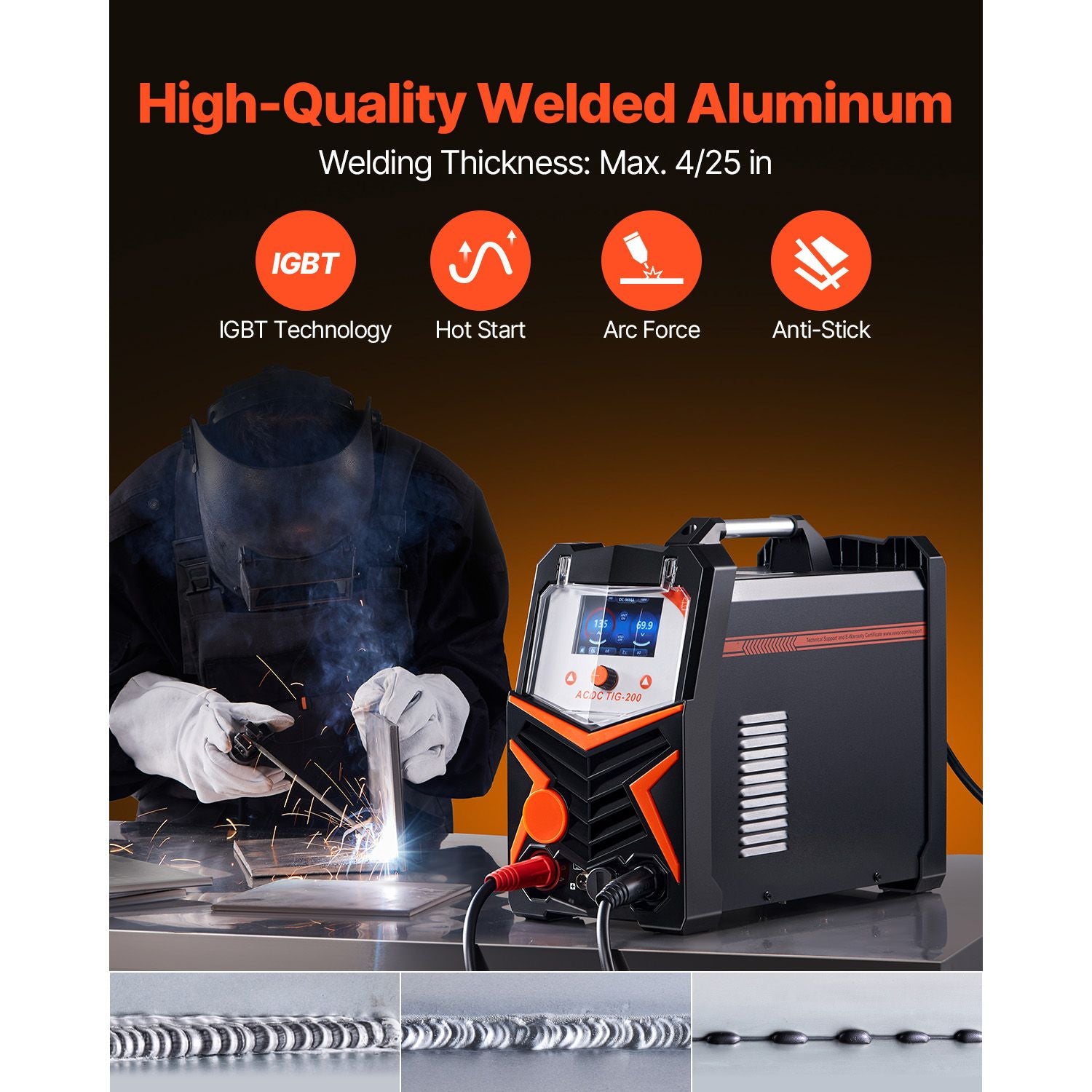 200A 6-in-1 AC/DC TIG Welder Aluminum Welding Machine with LED