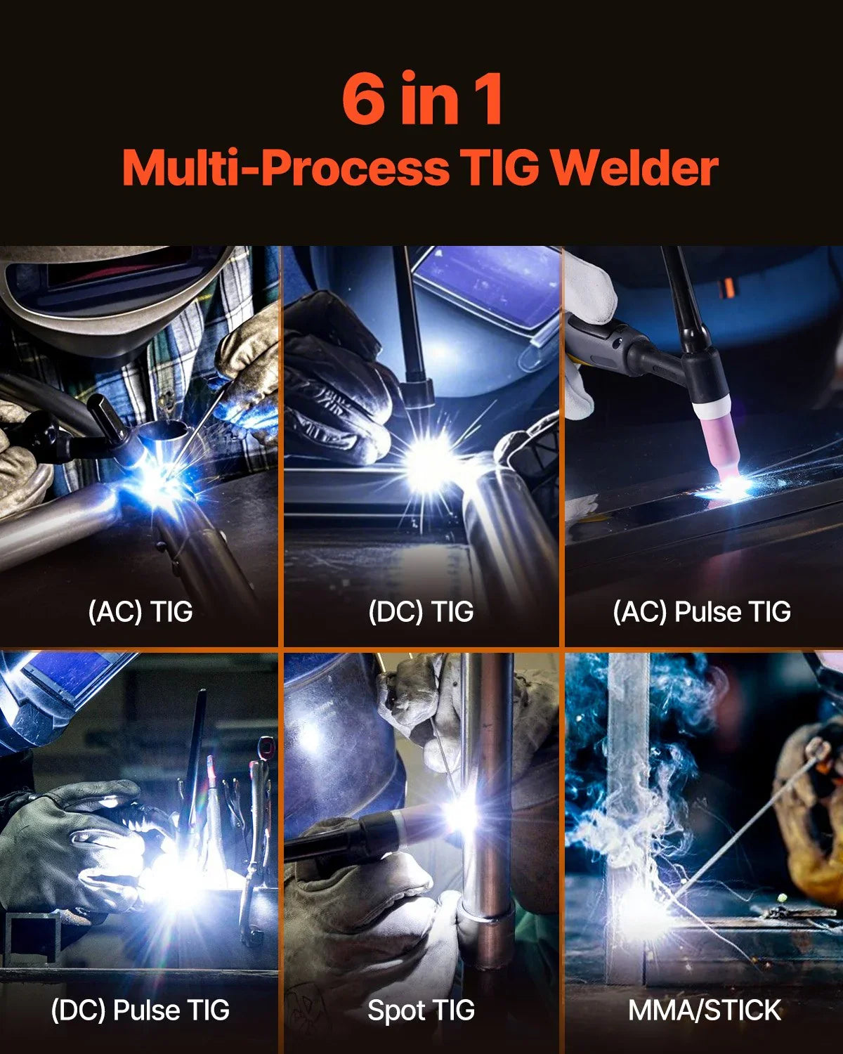 TIG Welder, 200A 6-In-1 Aluminum Welding Machine (LED Display) - AC TIG/DC TIG/AC Pulse TIG/DC Pulse TIG/Spot TIG/MMA(Stick), Electric Welder with Synergic Control IGBT