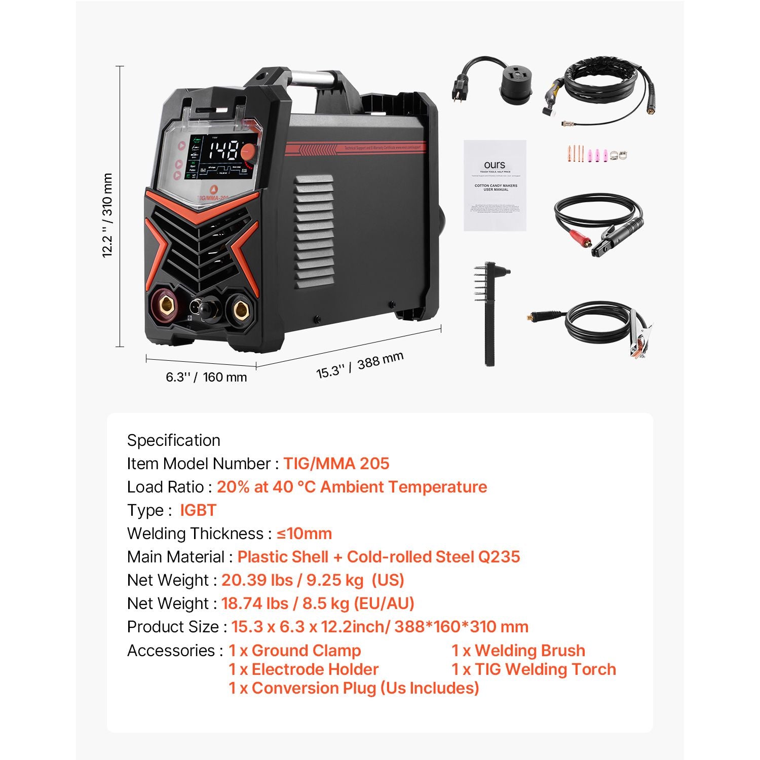 TIG Welder, 205A 3-In-1 Welding Machine (Large LED Display)- DC TIG/DC Pulse TIG/MMA(Stick), Electric Welder with IGBT Inverter High-Frequency Start