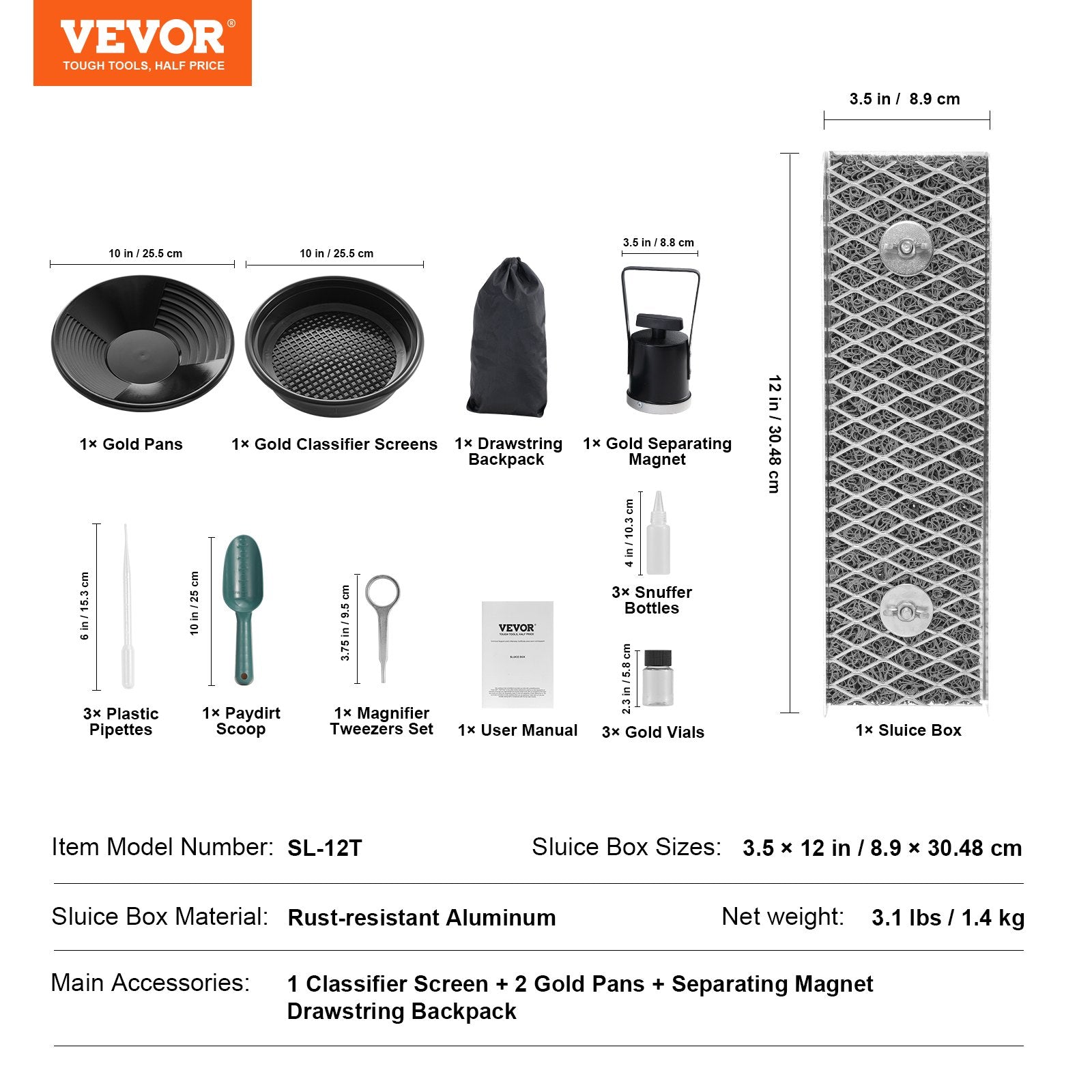 Gold Panning Kit With Mini Sluice Box, 12