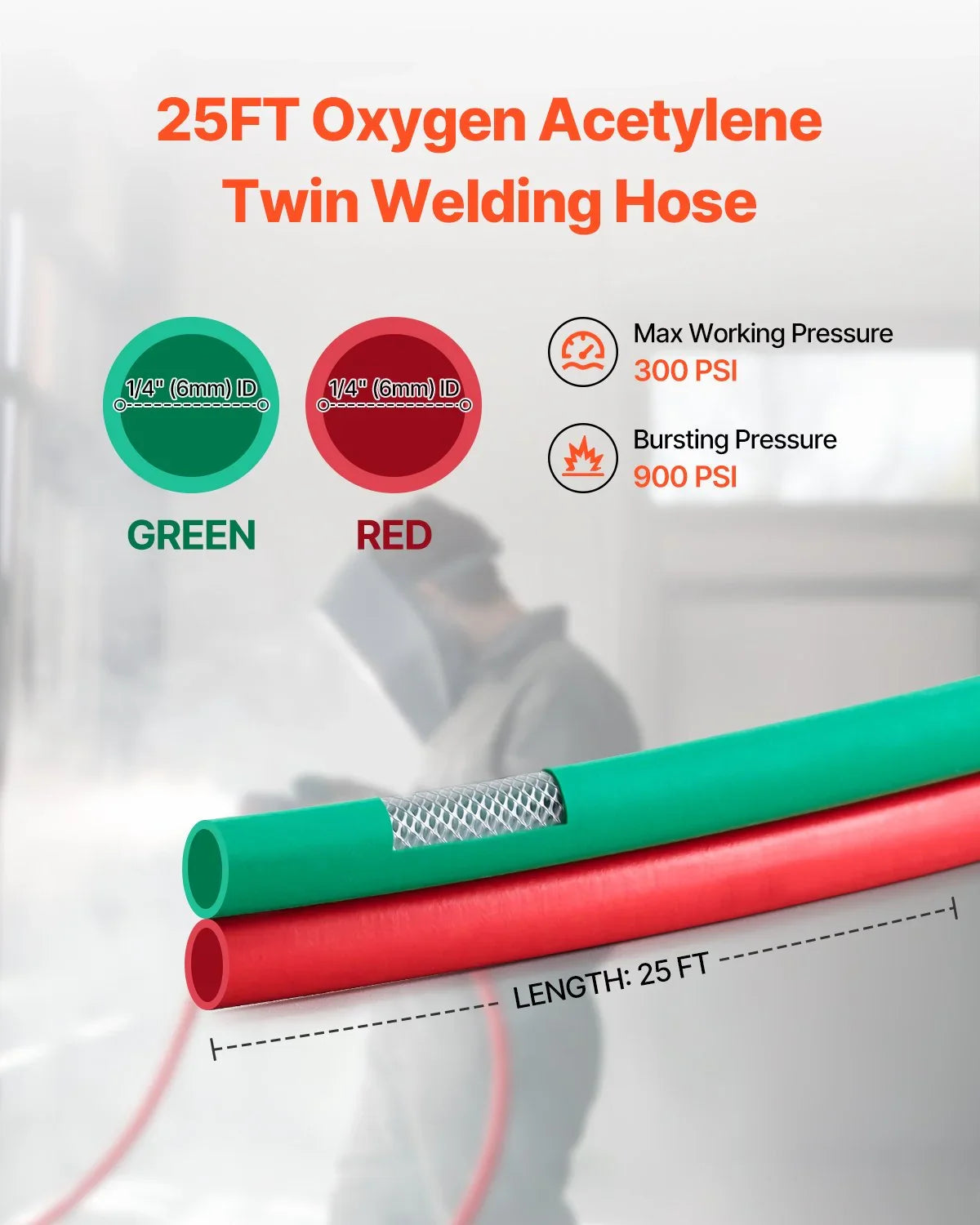 Oxygen Acetylene Hose, 1/4-Inch x 25FT Oxy Acetylene Hose with 9/16
