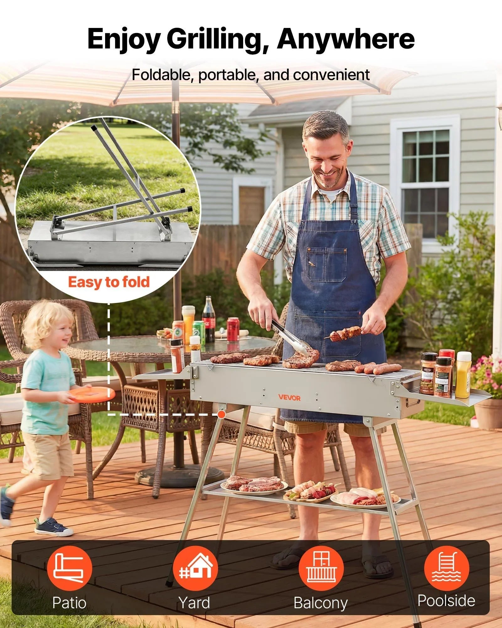 Foldable Charcoal Grill, 0.16 m² Portable Charcoal Barbecue Grill with Liftable Charcoal Tray & Side Tables, Brushed Stainless Steel BBQ Cooking Grills for Outdoor Camping Backyard Parties
