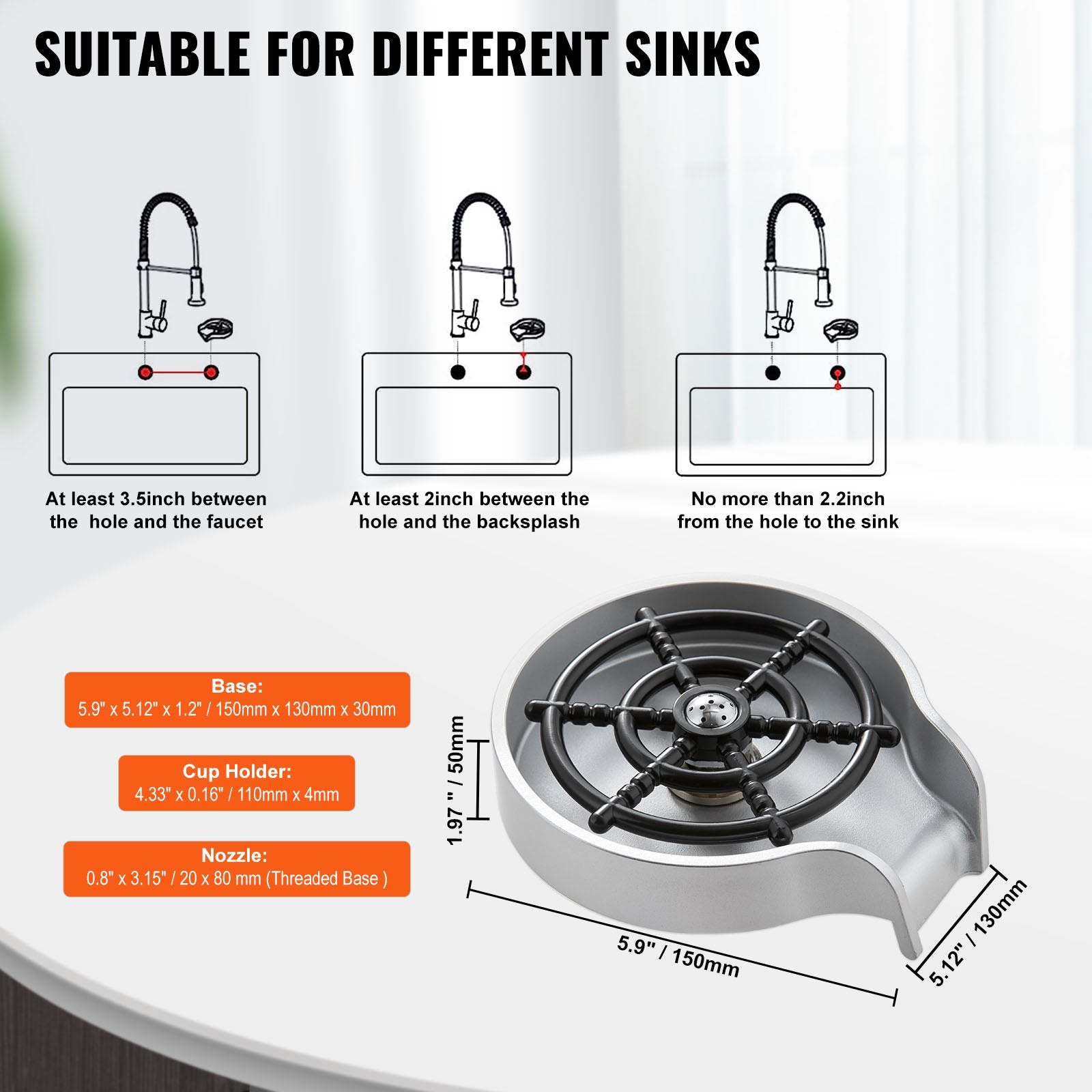 VEVOR Glass Rinser 10 Spraying Jets 360° Rotating ABS Cup Washer & Cup Holder