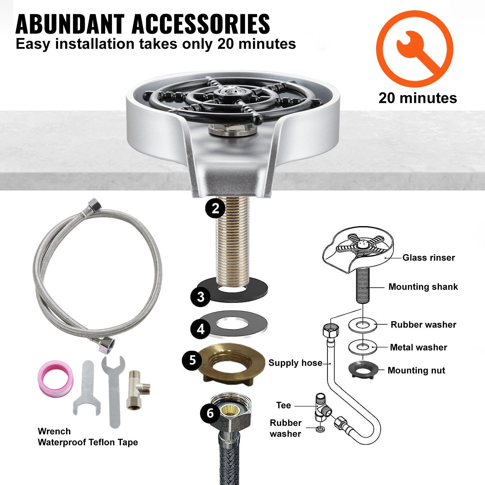 VEVOR Glass Rinser 10 Spraying Jets 360° Rotating ABS Cup Washer & Cup Holder