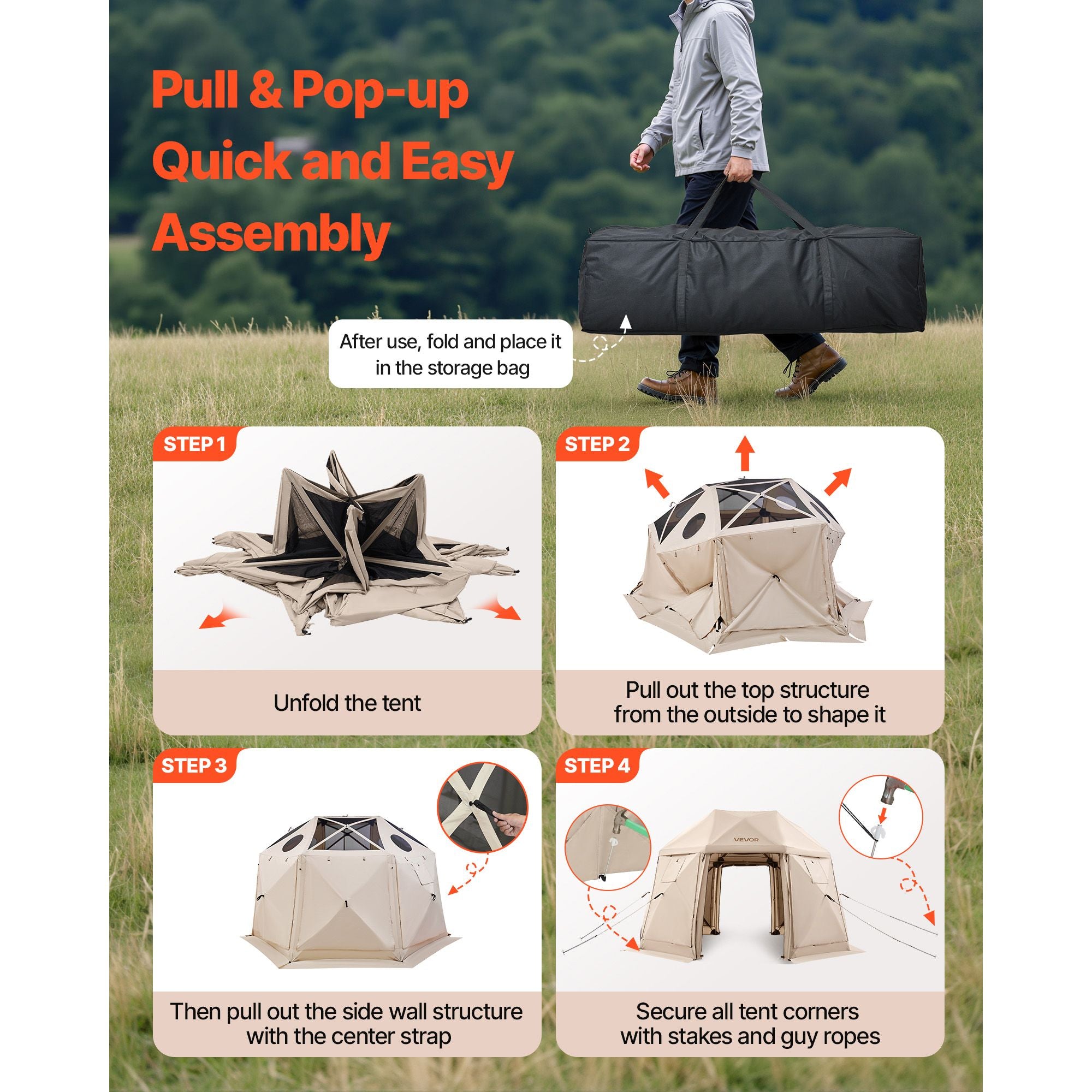 Pop up Gazebo Screen Tent, 3.6x3.6 m, 13-Sided Spherical Camping Canopy Tent with Removable Top & Carry Bag, Quick-Set & Bite-Proof, Screen House Sun Shelter for 8-10 Persons, Beige