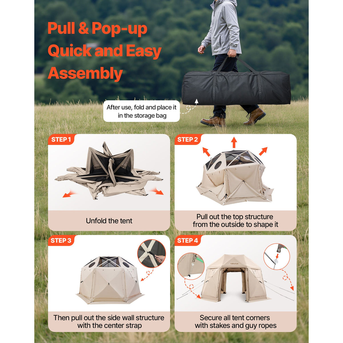 Pop up Gazebo Screen Tent, 3.6x3.6 m, 13-Sided Spherical Camping Canopy Tent with Removable Top & Carry Bag, Quick-Set & Bite-Proof, Screen House Sun Shelter for 8-10 Persons, Beige