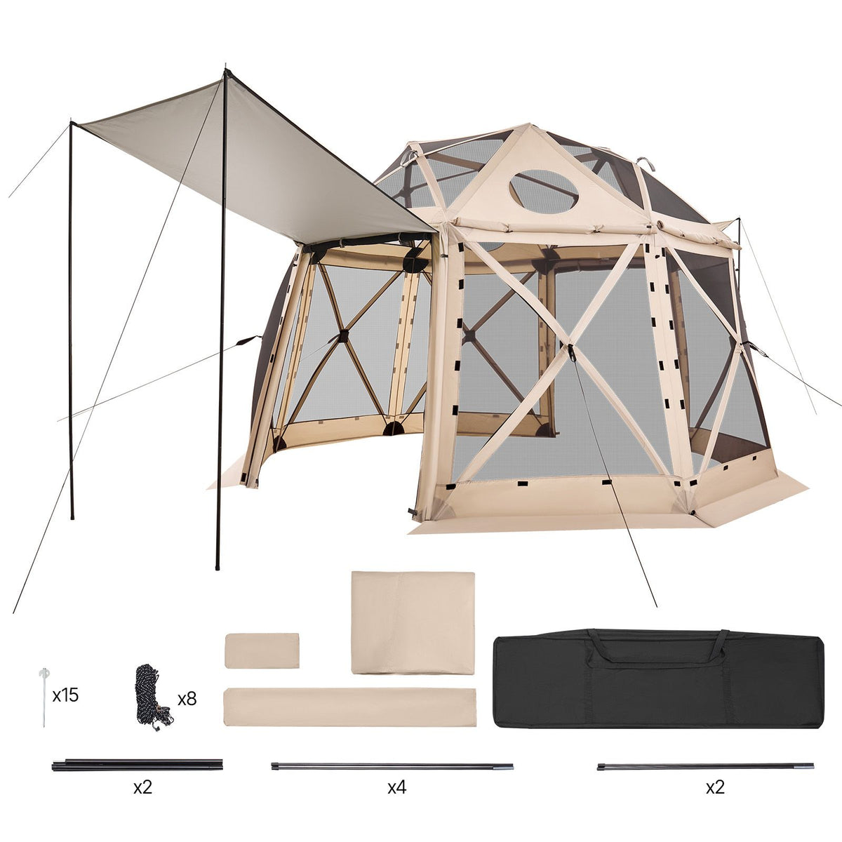 Pop up Gazebo Screen Tent, 3.6x3.6 m, 13-Sided Spherical Camping Canopy Tent with Removable Top & Carry Bag, Quick-Set & Bite-Proof, Screen House Sun Shelter for 8-10 Persons, Beige