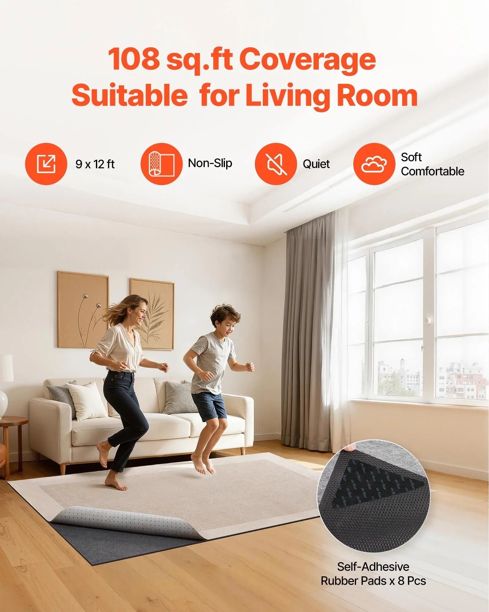 Rug Pad 2.74 x 3.66 m, Non-slip Carpet Area Pad, Rug Mat Padding with Dual Surface Felt Cushion & Rubber Gripper, Hardwood Floor Protection for All Floors, Finishes, Keeps Carpets in Place