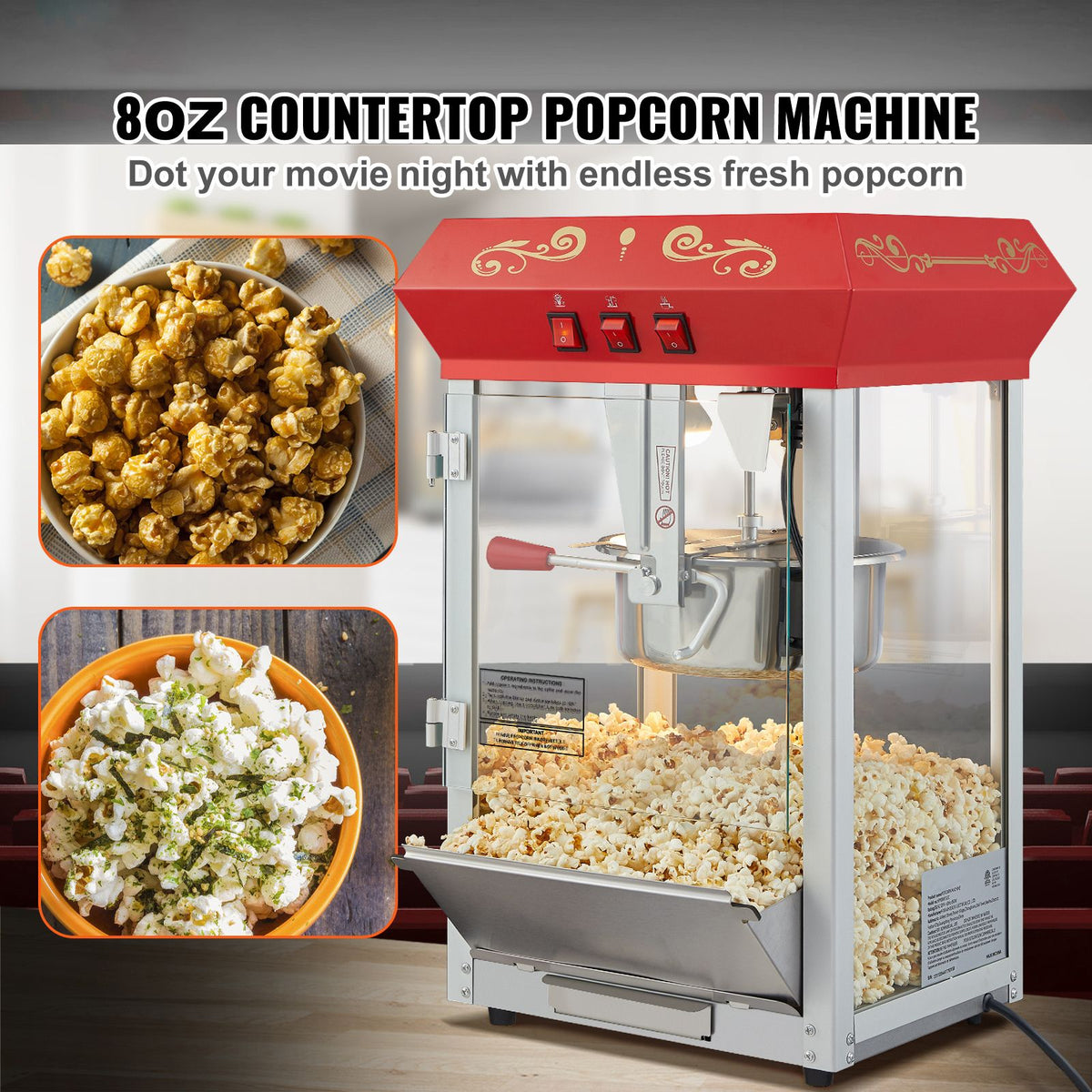 850W Countertop Popcorn Machine, 8oz Kettle 48 Cup Commercial Popcorn Maker, Red