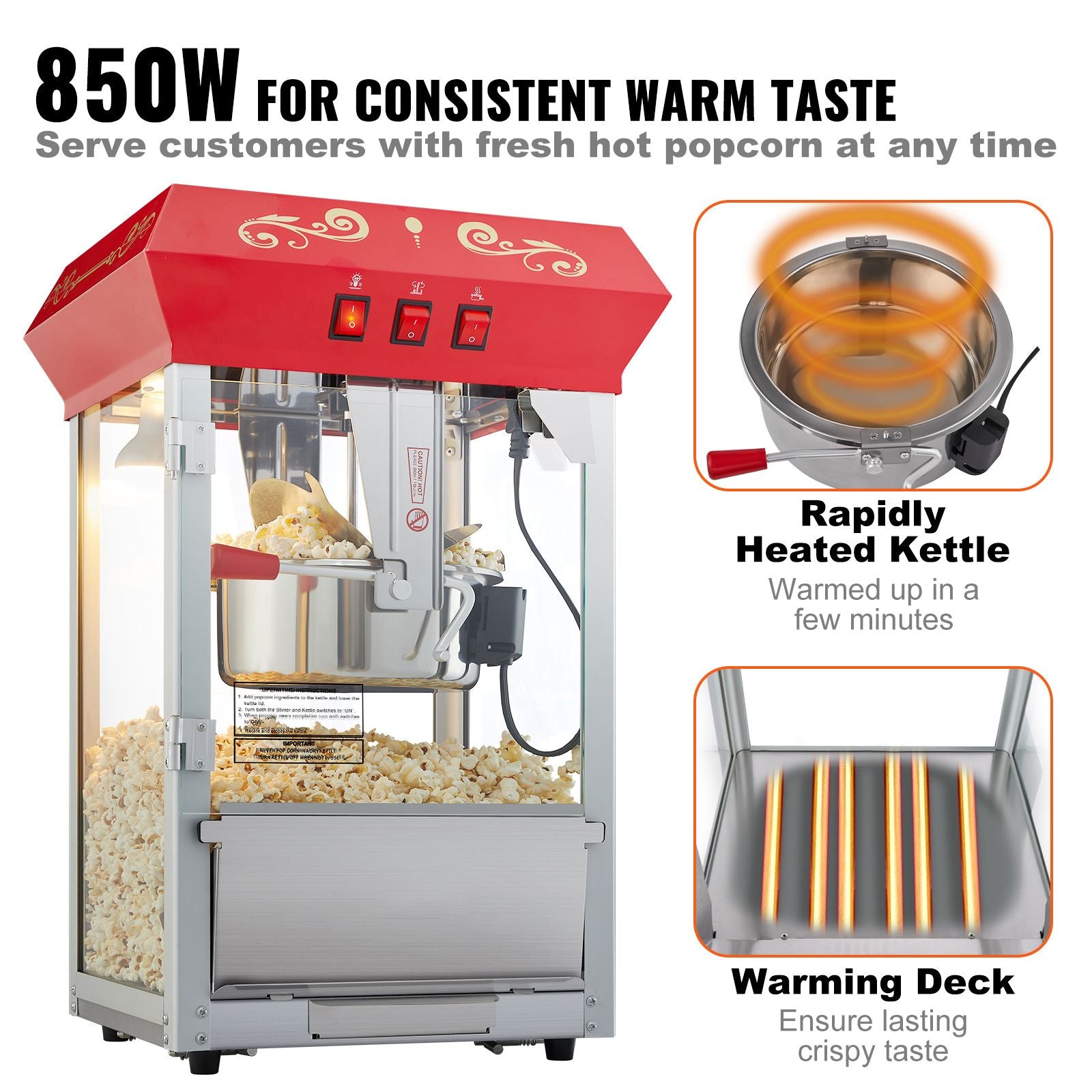850W Countertop Popcorn Machine, 8oz Kettle 48 Cup Commercial Popcorn Maker, Red