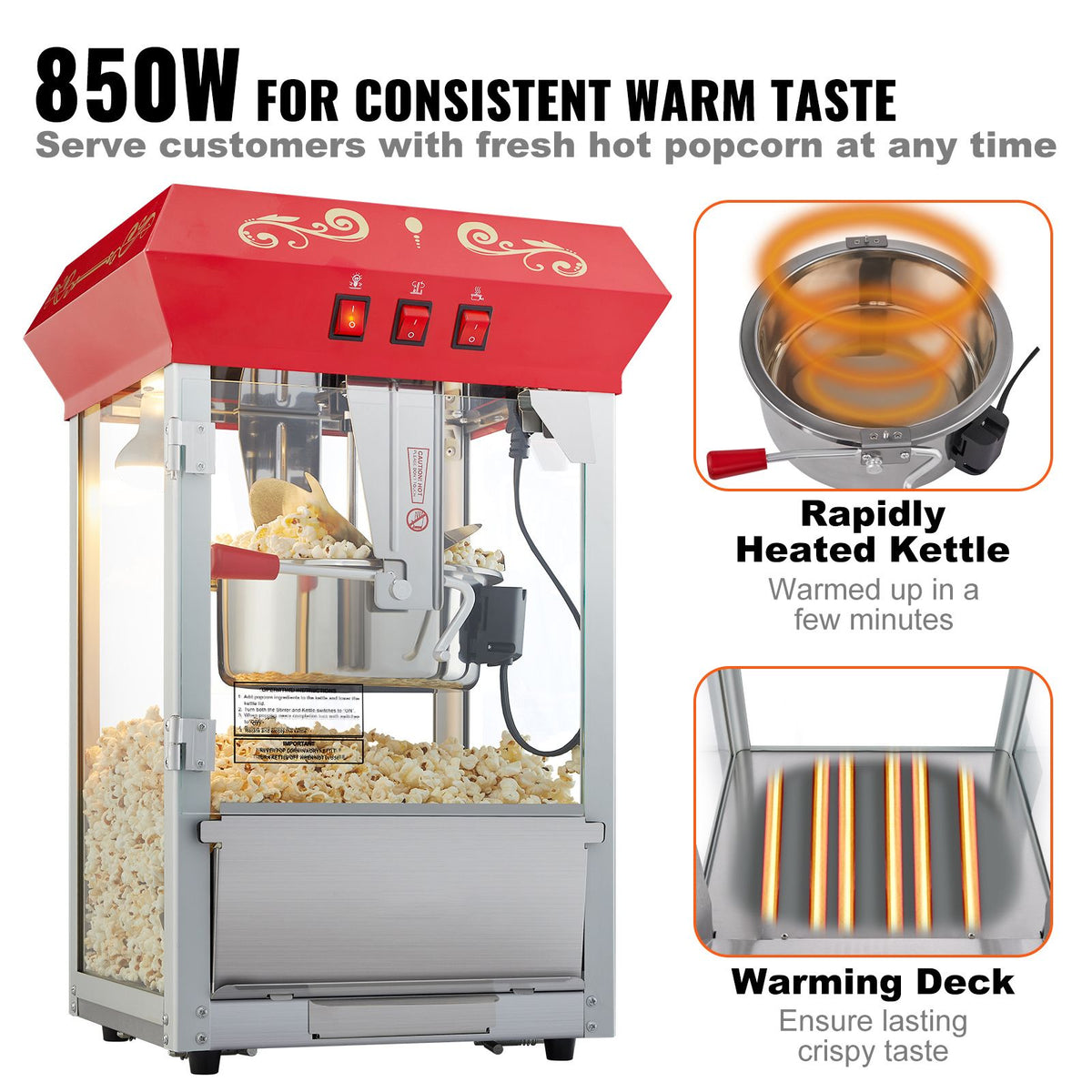 850W Countertop Popcorn Machine, 8oz Kettle 48 Cup Commercial Popcorn Maker, Red