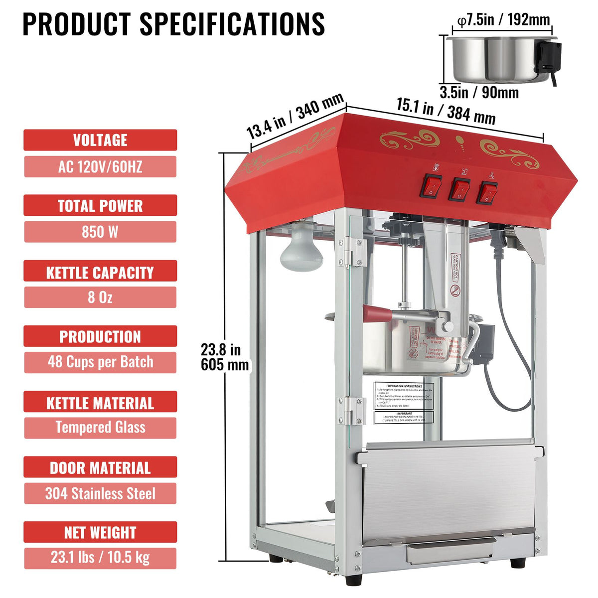 850W Countertop Popcorn Machine, 8oz Kettle 48 Cup Commercial Popcorn Maker, Red