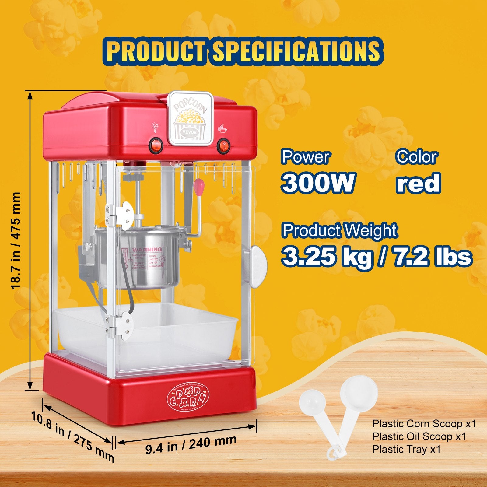 Popcorn Popper Machine Tabletop Popcorn Maker 300W 2.5 Oz Red