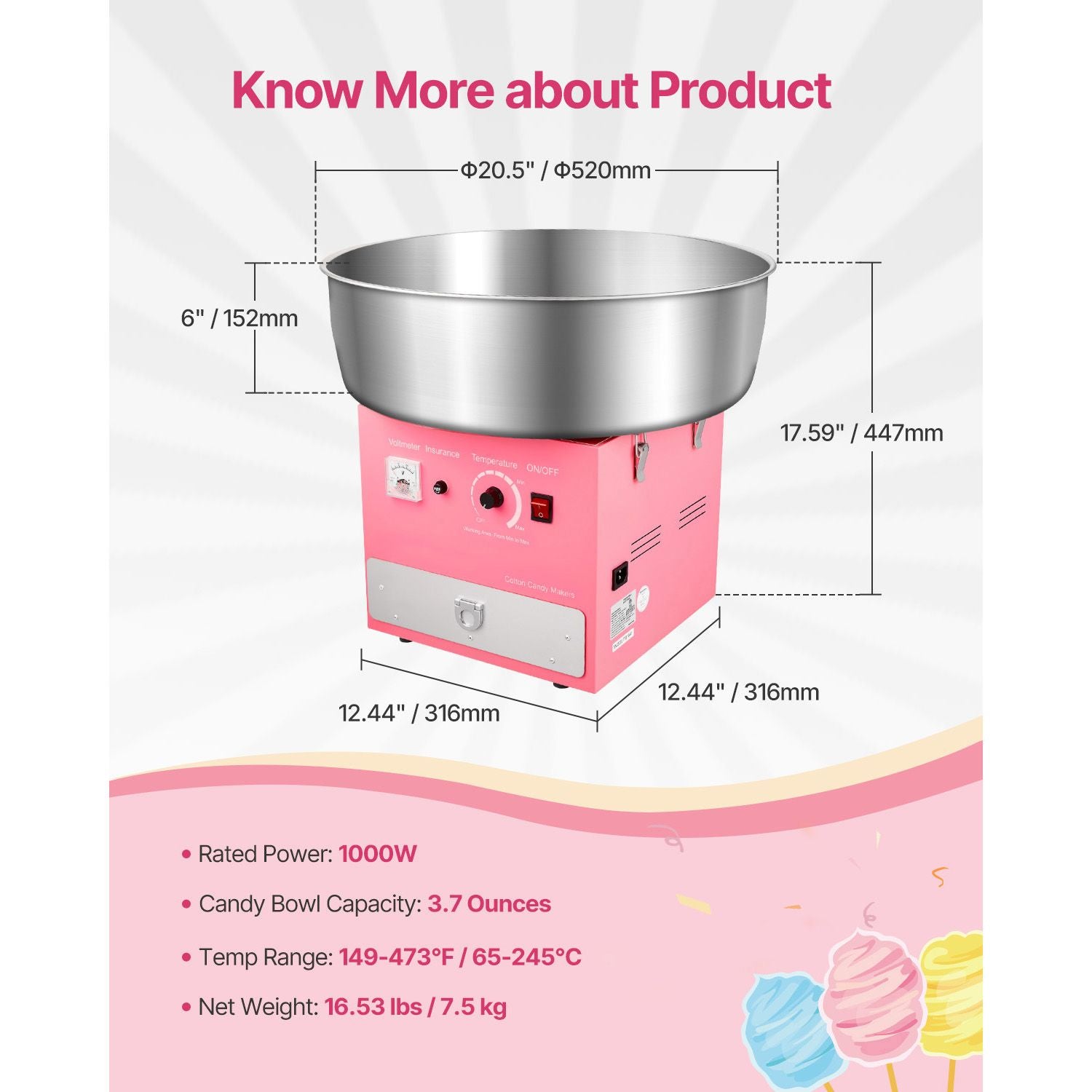 Electric Cotton Candy Machine, 1000W Commercial Candy Floss Maker with 52cm Stainless Steel Bowl, Sugar Scoop, and Drawer, Easy Home Use, Perfect for Kids Birthday, Family Party, Pink