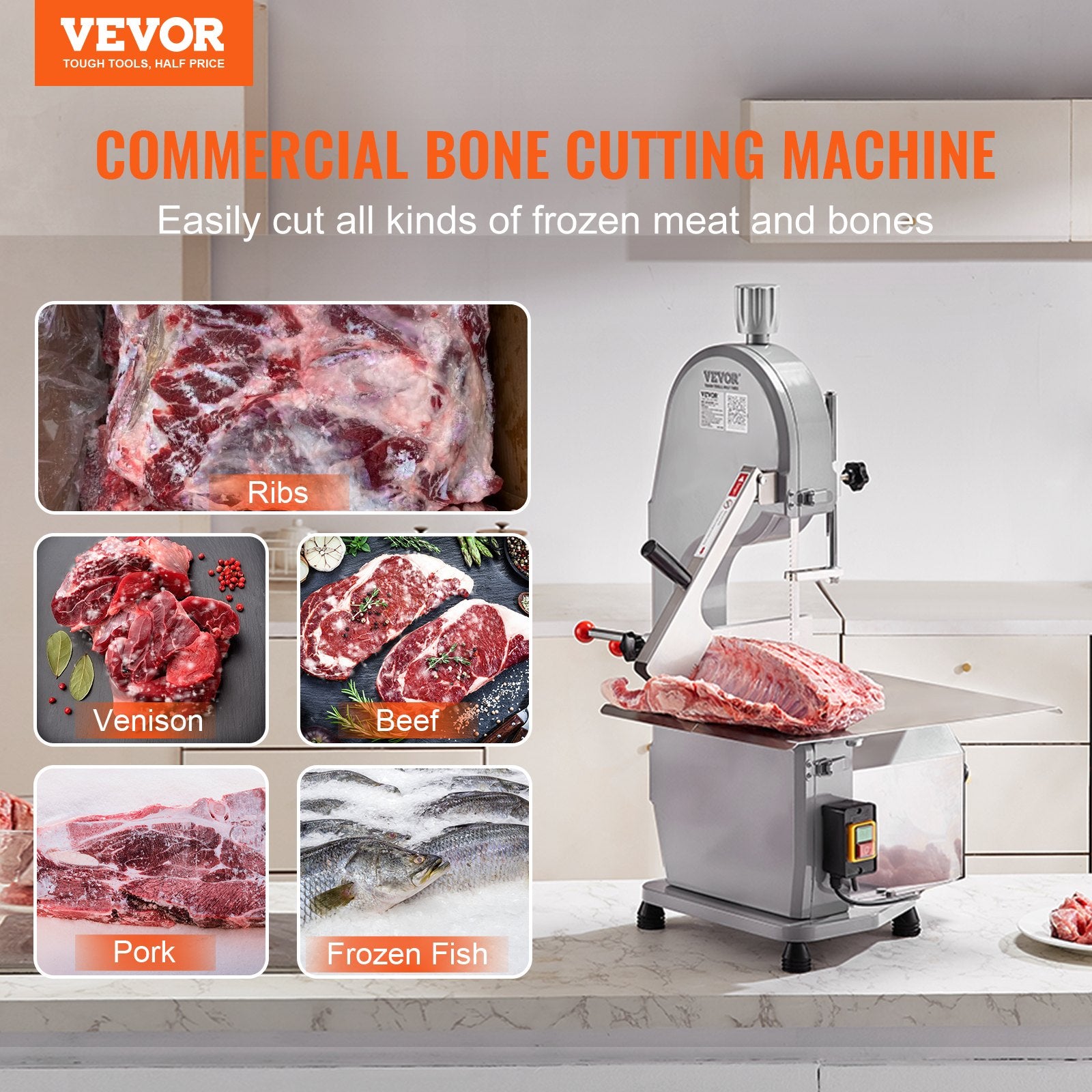 Commercial Electric Meat Bandsaw, 1100W Stainless Steel Countertop Bone Sawing Machine, Workbeach 19.3" x 15", 0.16-7.9 Inch Cutting Thickness, Frozen Meat Cutter with 6 Blades for Rib Pork Beef