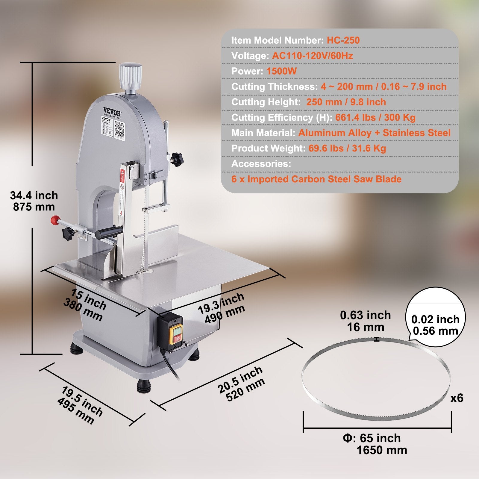Commercial Electric Meat Bandsaw, 1500W Stainless Steel Countertop Bone Sawing Machine, Workbeach 19.3