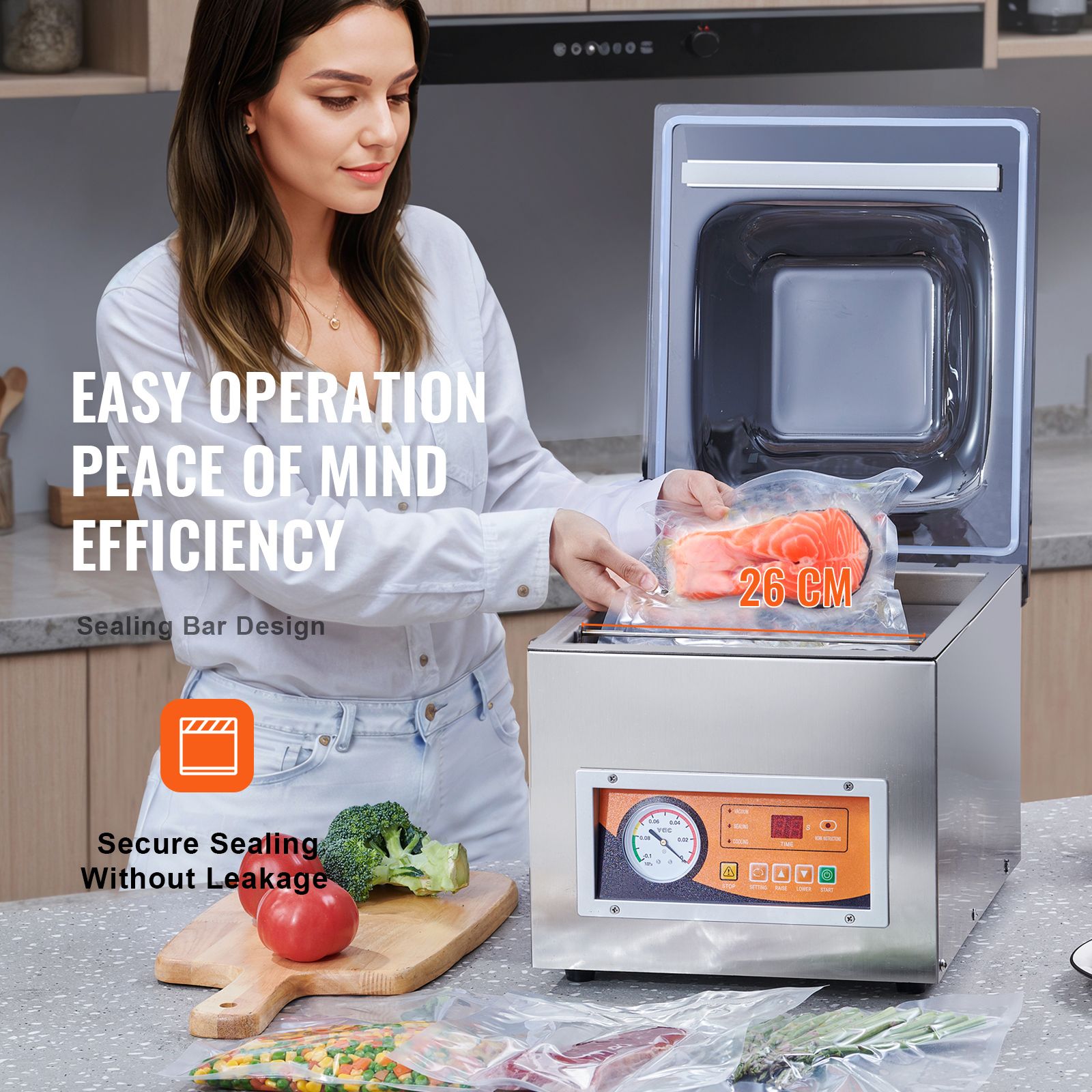 Chamber Vacuum Sealer, 260W Sealing Power, Vacuum Packing Machine for Wet Foods, Meats, Marinades and More, Compact Size with 260 mm Sealing Length, Applied in Home Kitchen and Commercial Use