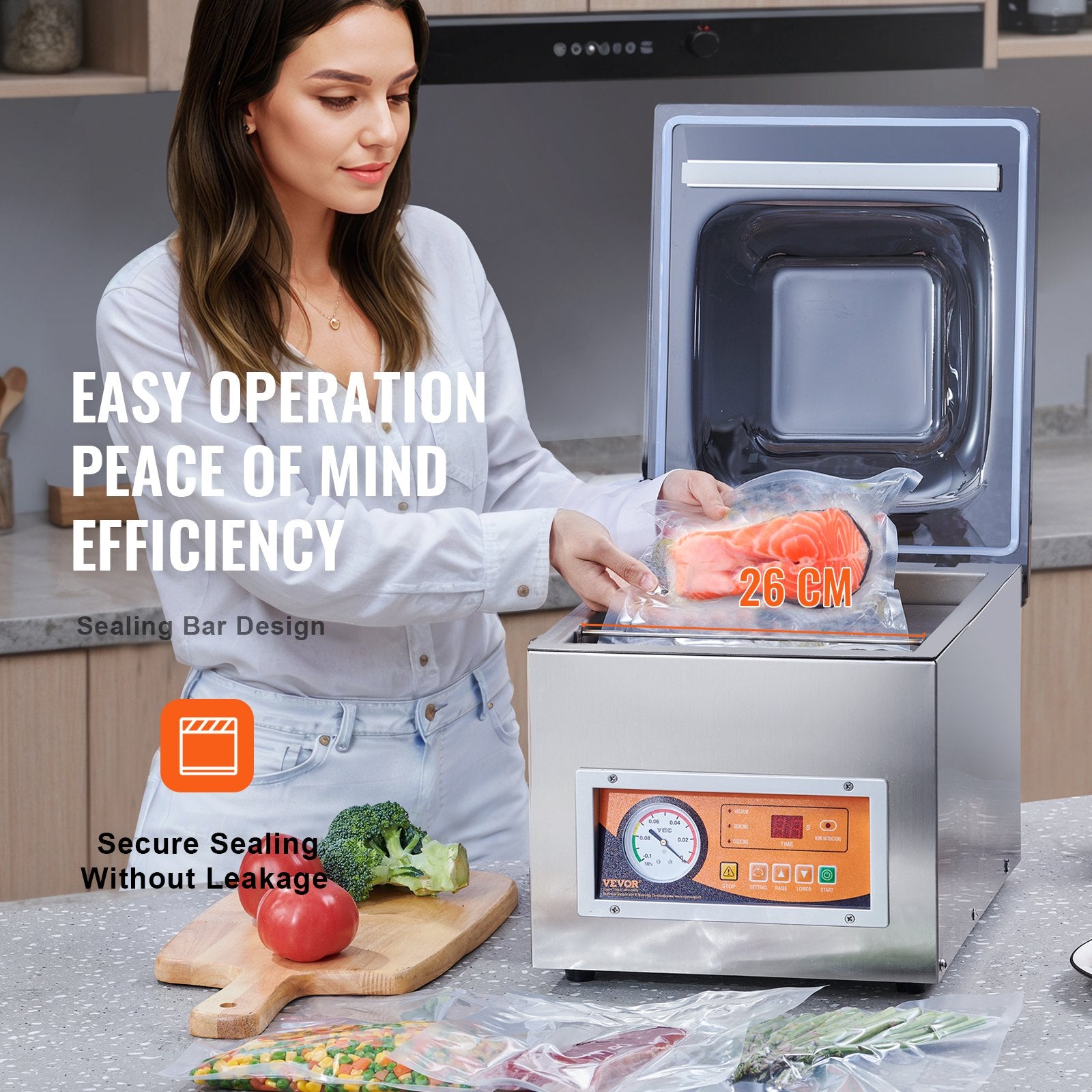 Chamber Vacuum Sealer, 260W Sealing Power, Vacuum Packing Machine for Wet Foods, Meats, Marinades and More, Compact Size with 260 mm Sealing Length, Applied in Home Kitchen and Commercial Use